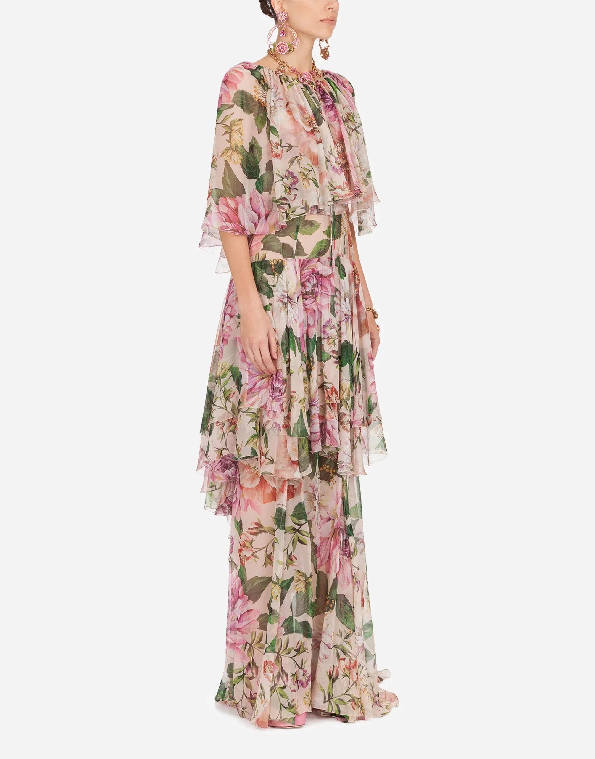 Dolce & Gabbana Floral Tiered Silk Chiffon Cape Gown