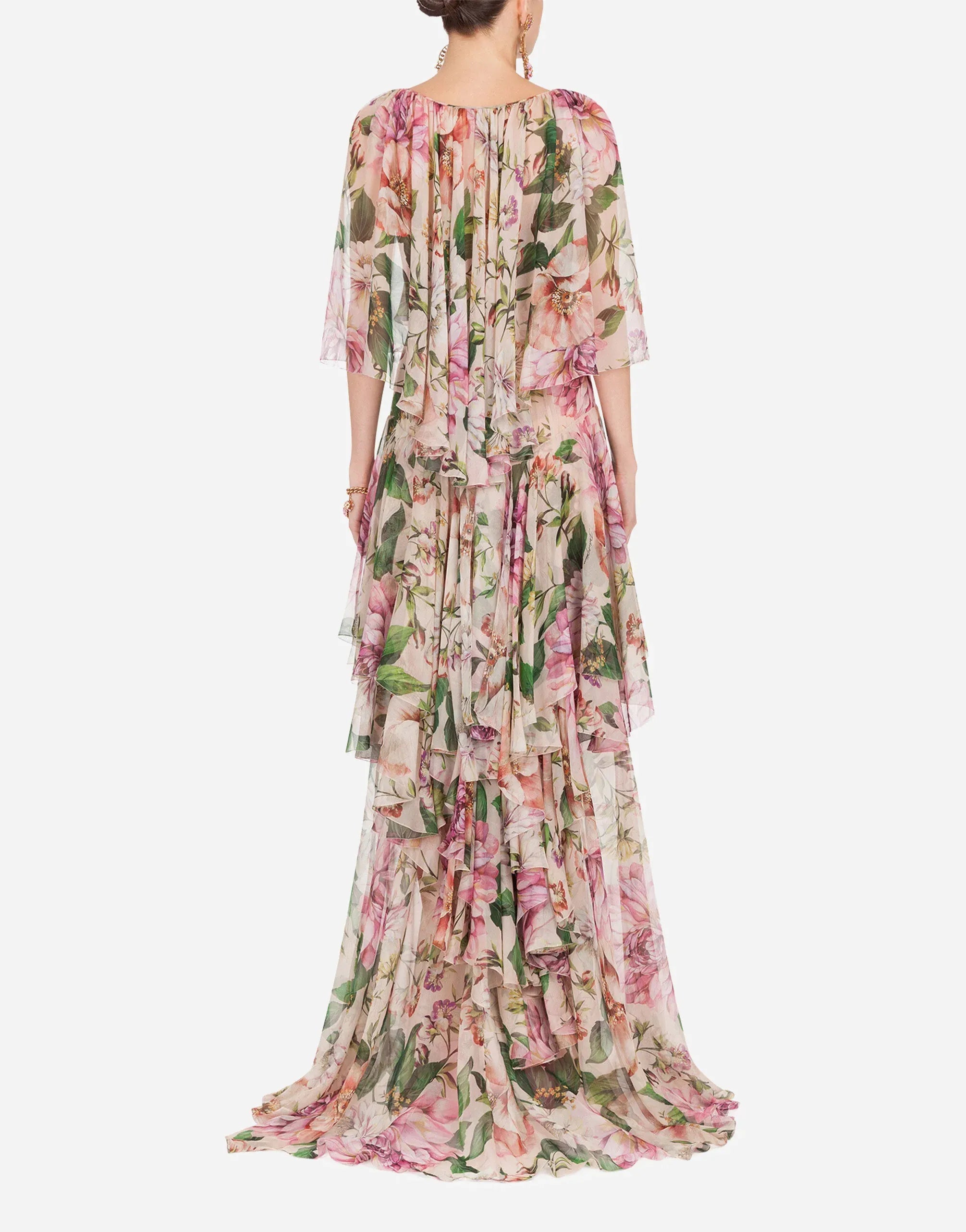 Dolce & Gabbana Floral Tiered Silk Chiffon Cape Gown