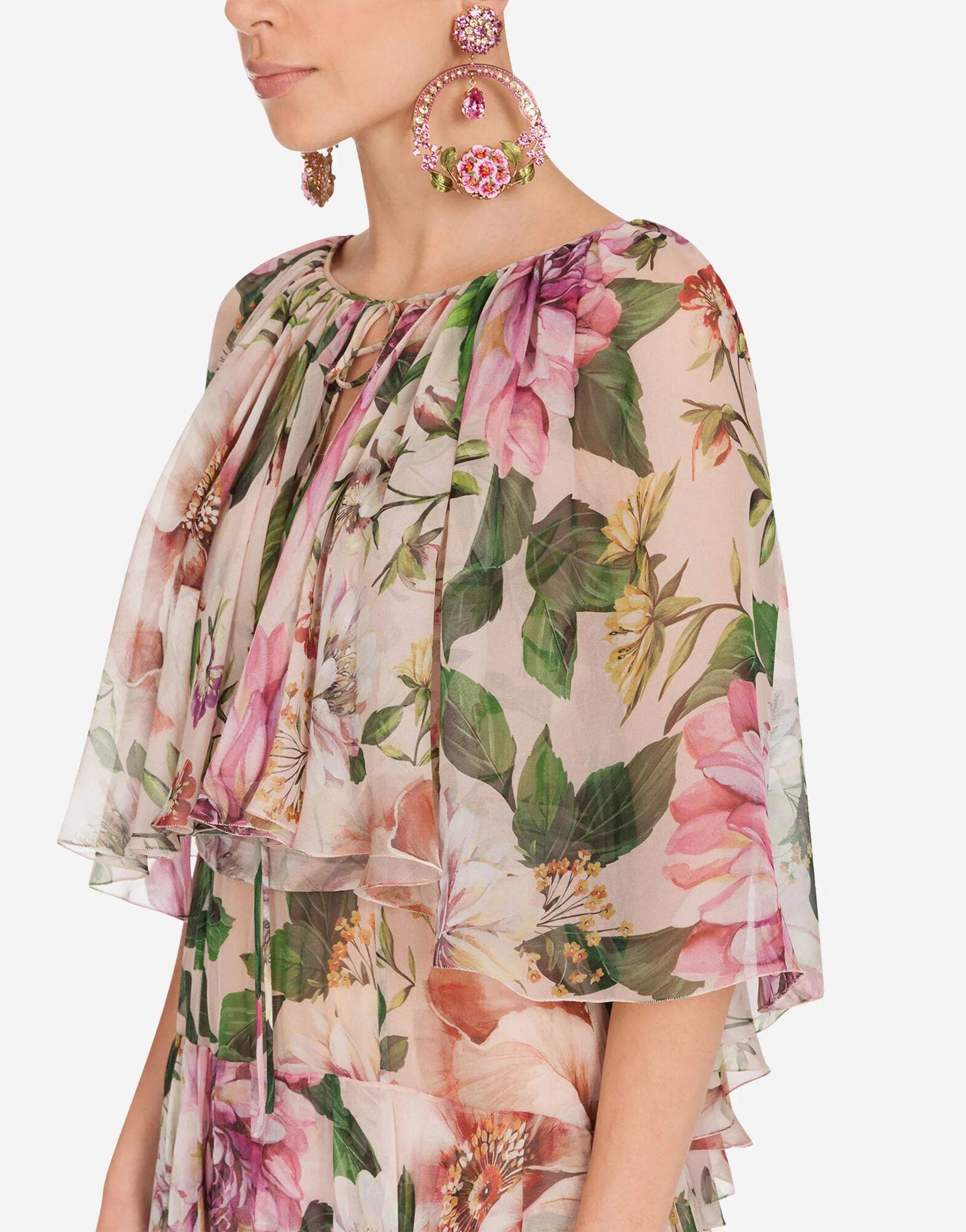Dolce & Gabbana Floral Tiered Silk Chiffon Cape Gown