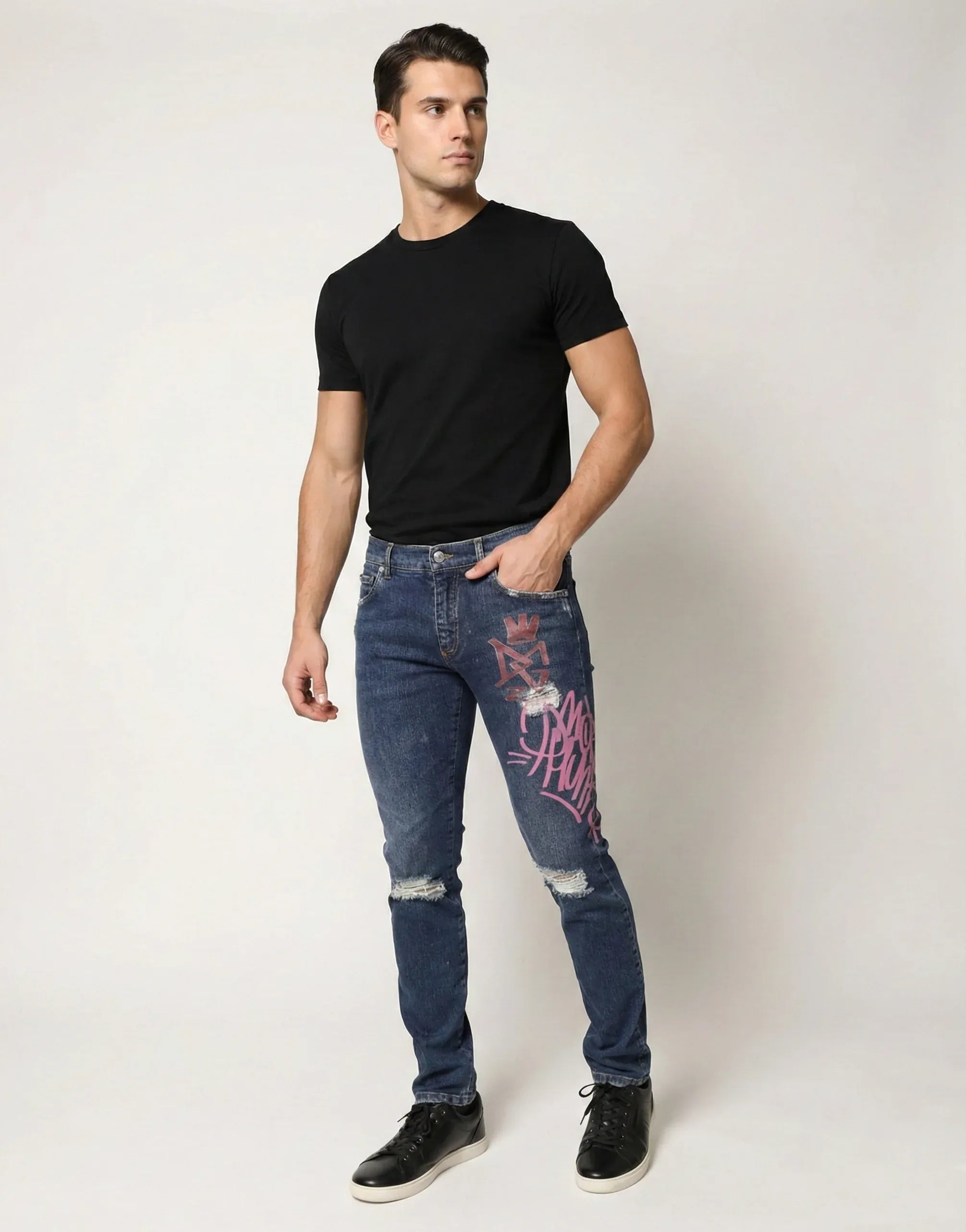 Dolce & Gabbana Graffiti-Print Distressed Skinny Jeans