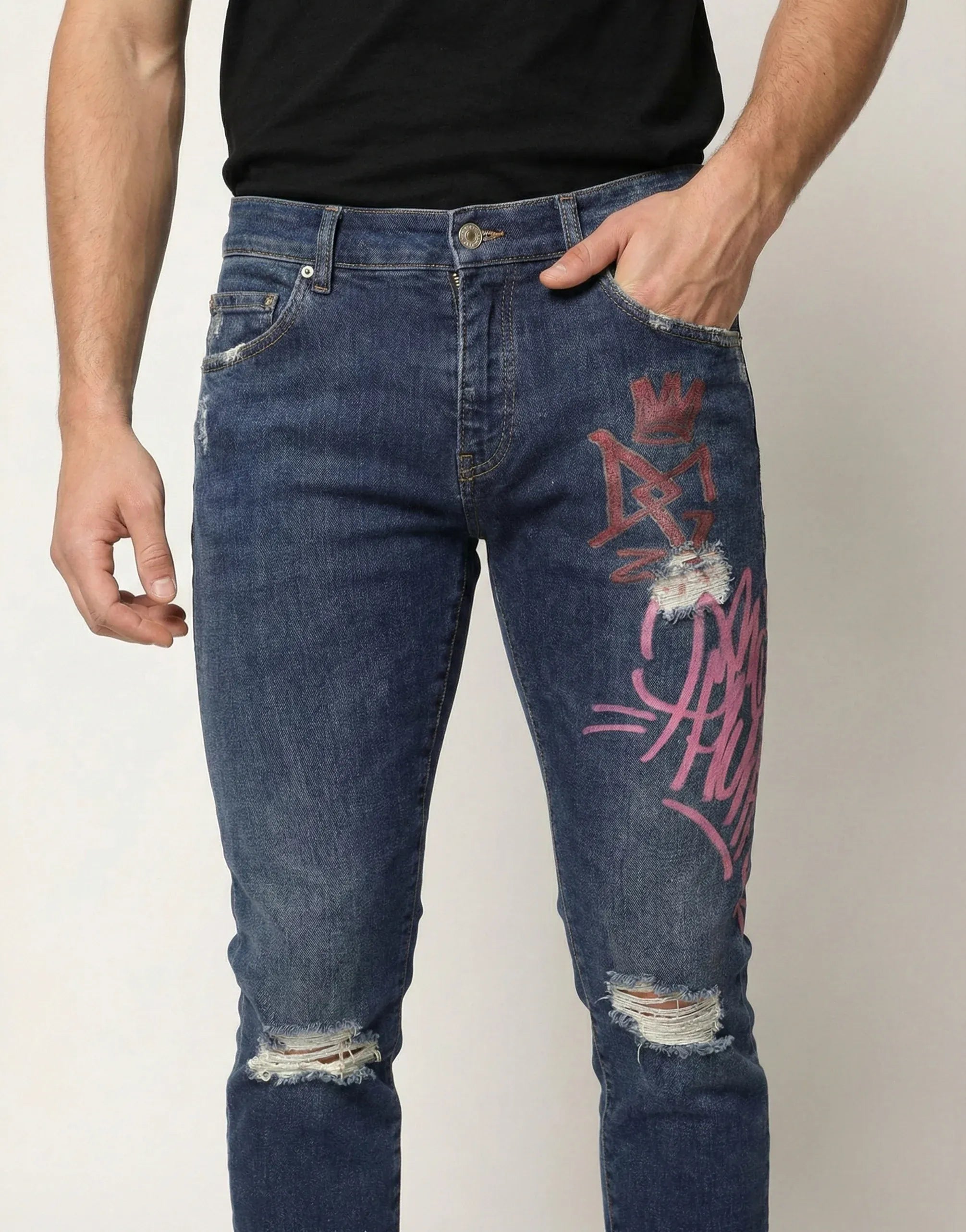 Dolce & Gabbana Graffiti-Print Distressed Skinny Jeans