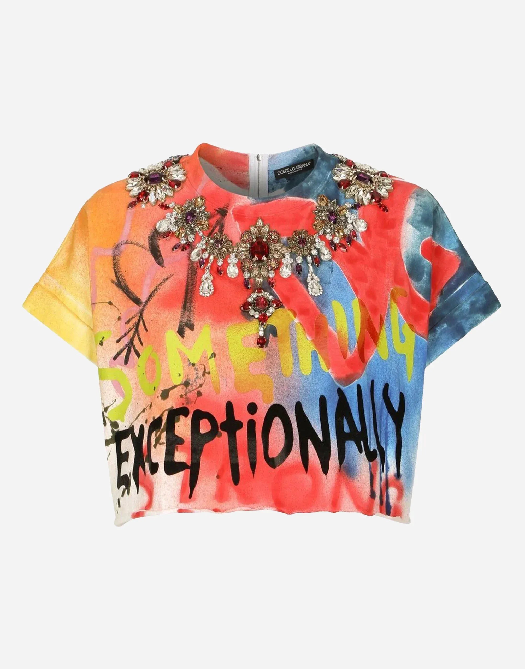 Dolce & Gabbana Graffiti-Print Necklace-Embellished Cropped T-Shirt