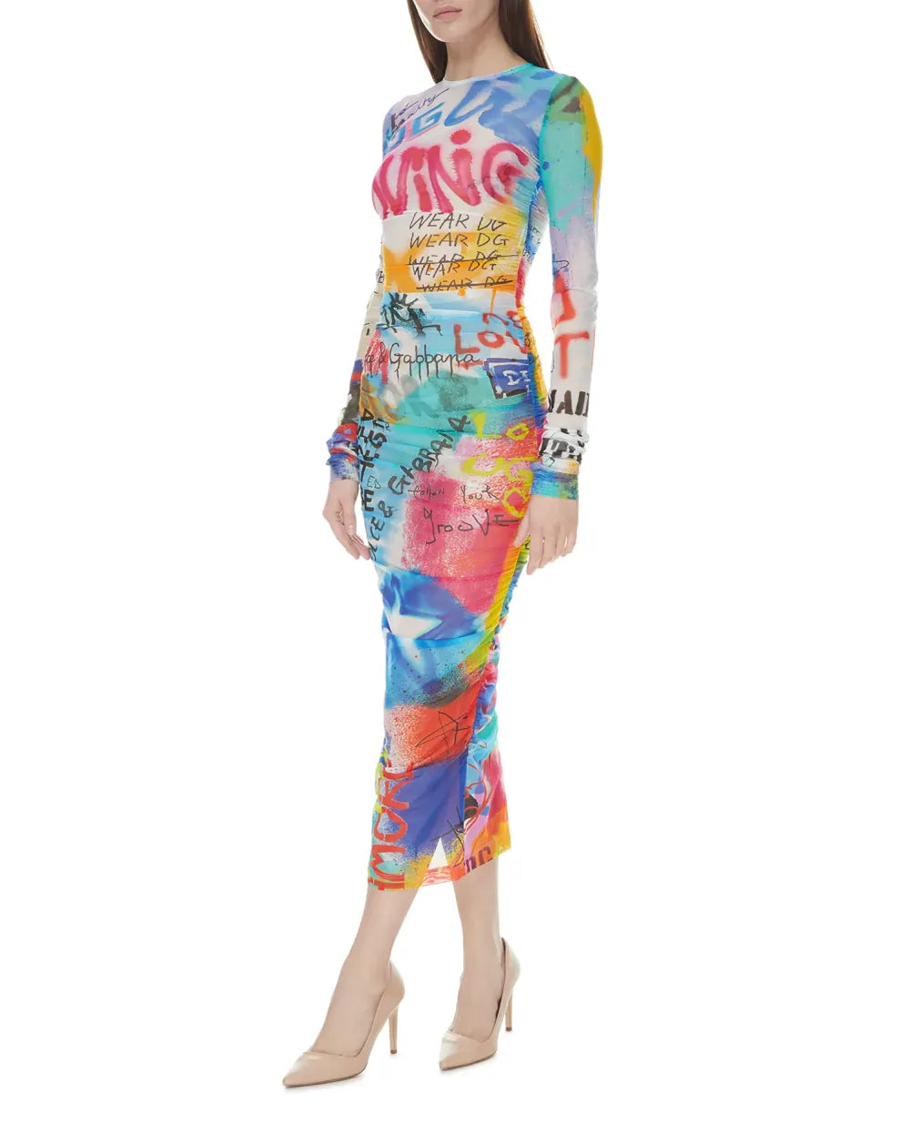 Graffiti-Print Ruched Tulle Midi Dress - alternate view