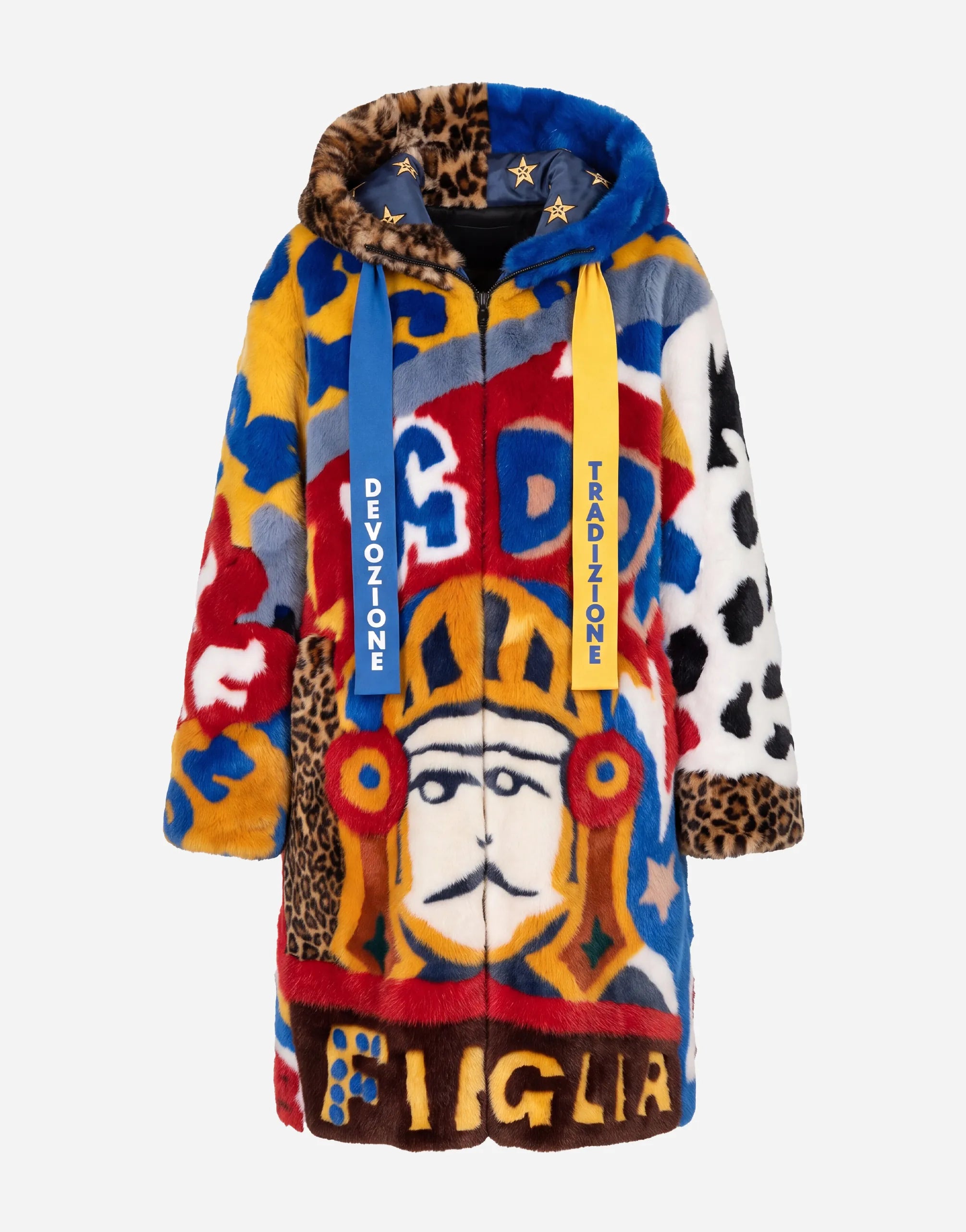 Dolce & Gabbana Graphic Faux Fur Hooded Coat