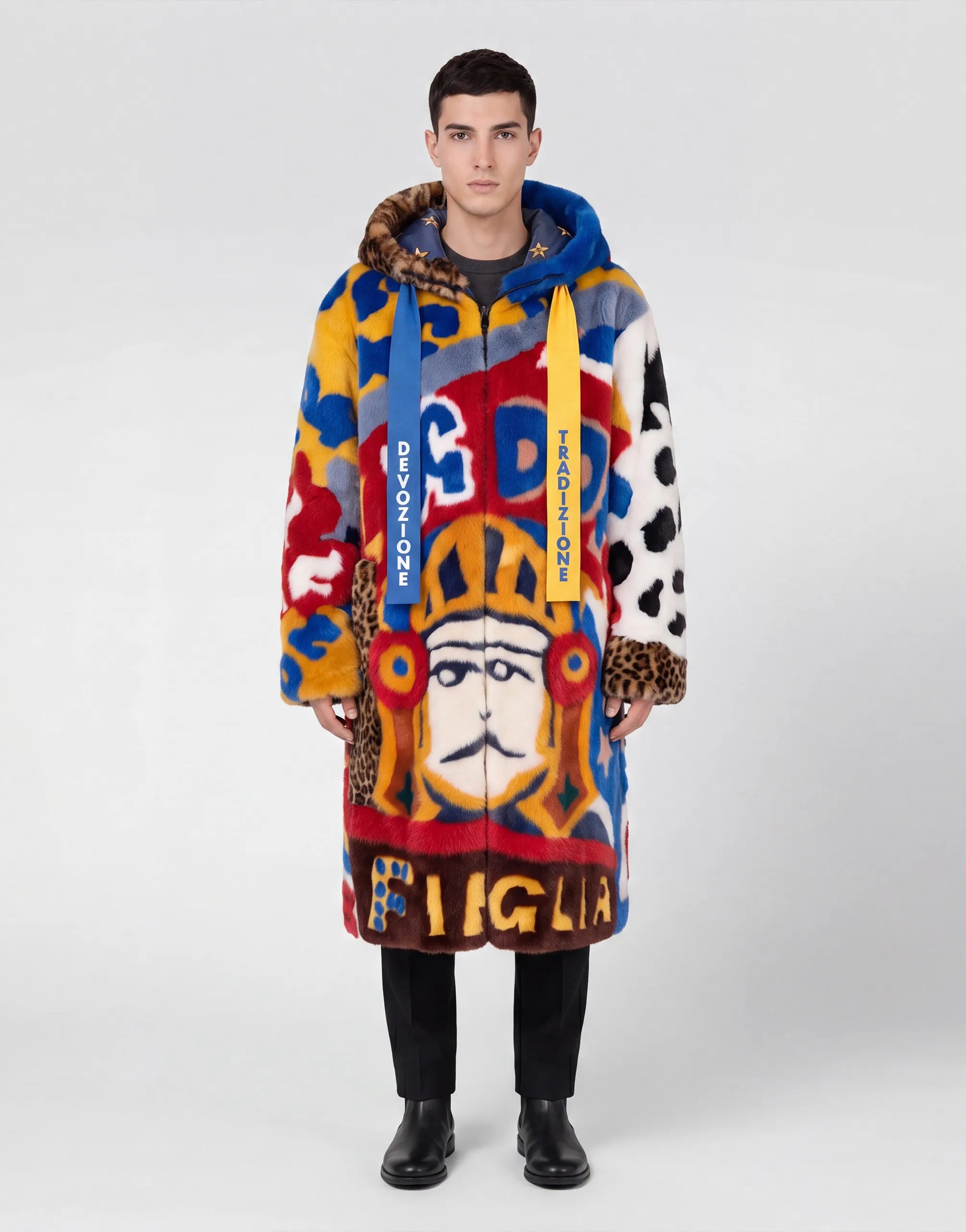 Graphic Faux Fur Hooded Coat - alternate view