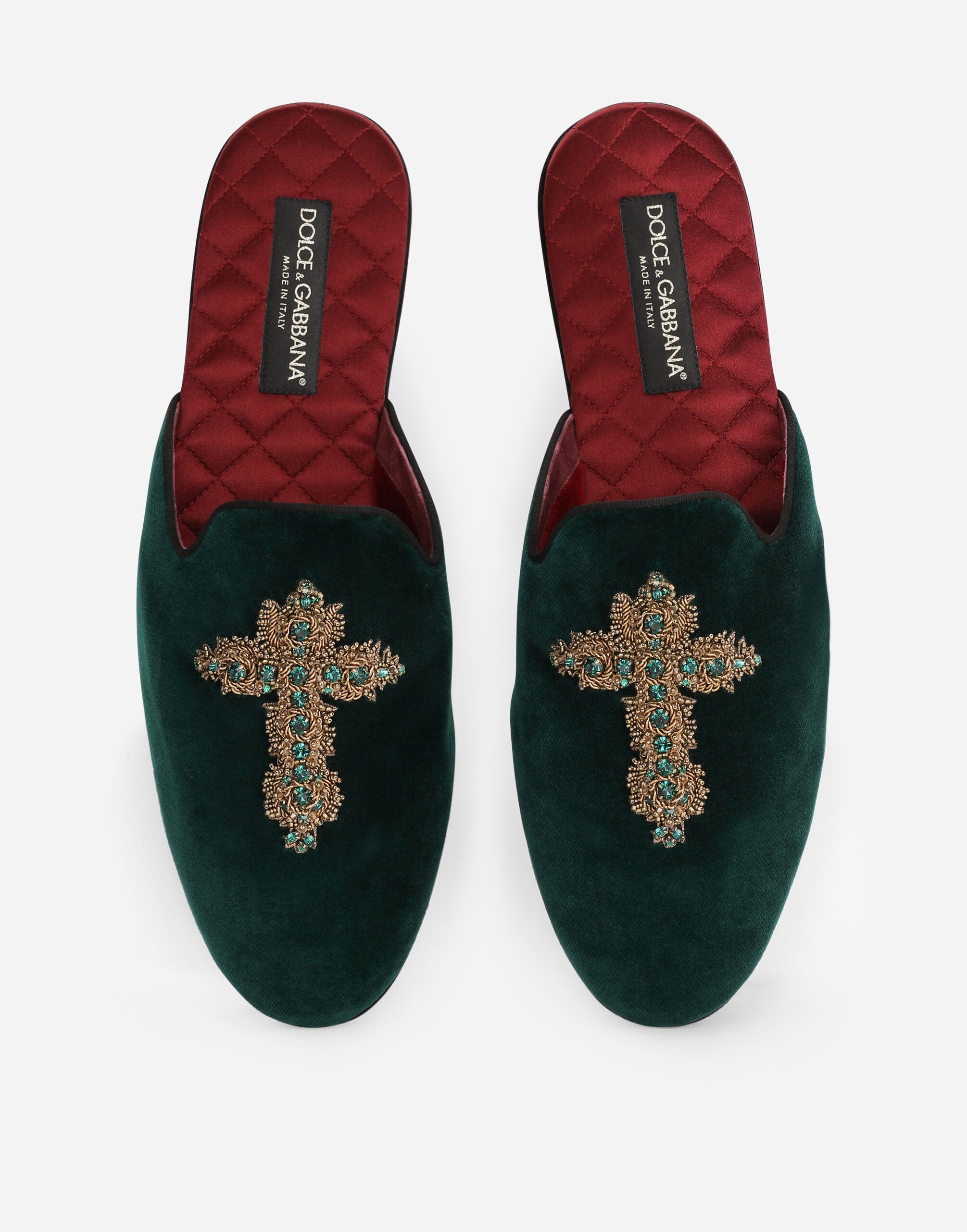 Dolce & Gabbana Green Cross Embroidery Velvet Slippers