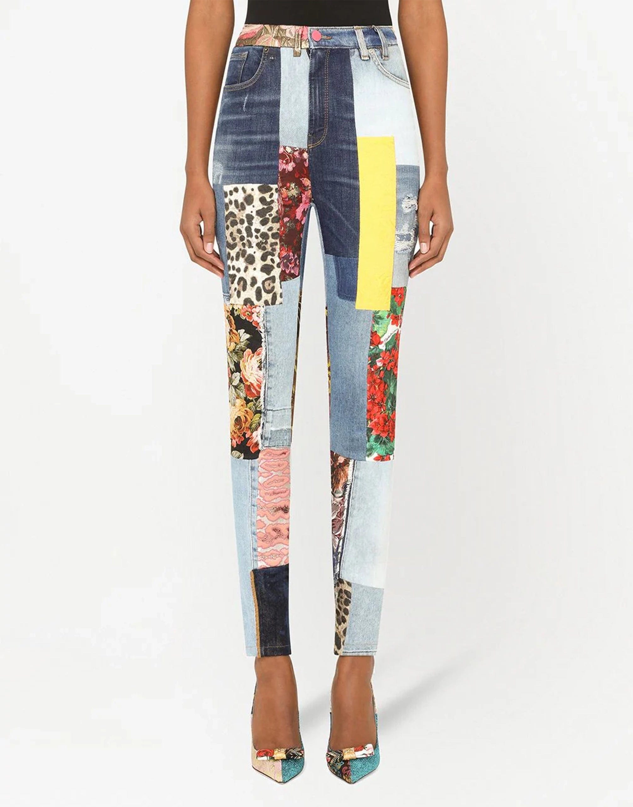 High-Waisted Patchwork Jacquard Jeans