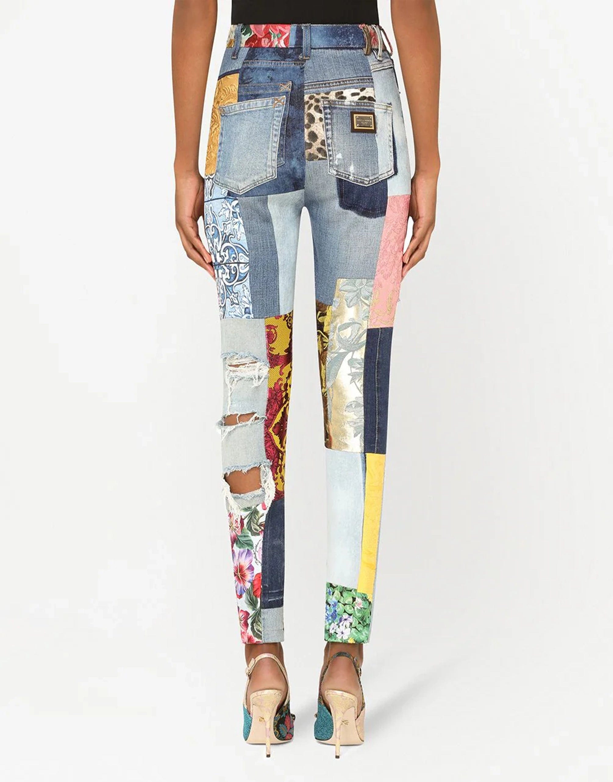 High-Waisted Patchwork Jacquard Jeans