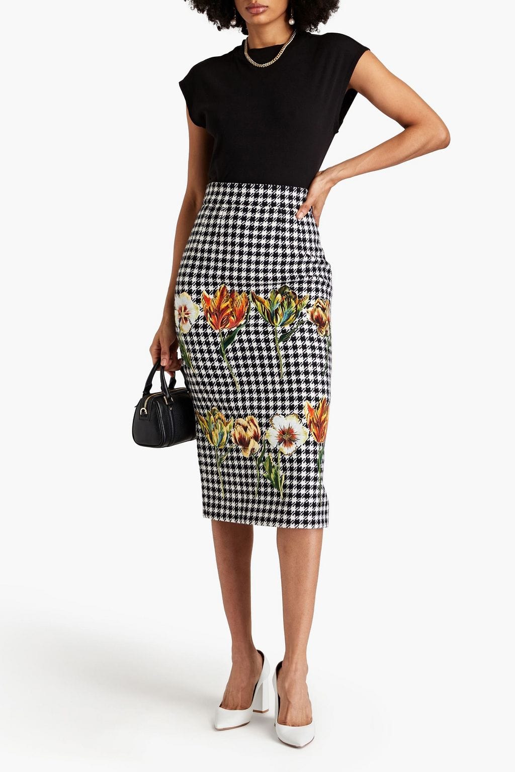 Dolce & Gabbana Houndstooth Metallic Tweed Midi Pencil Skirt