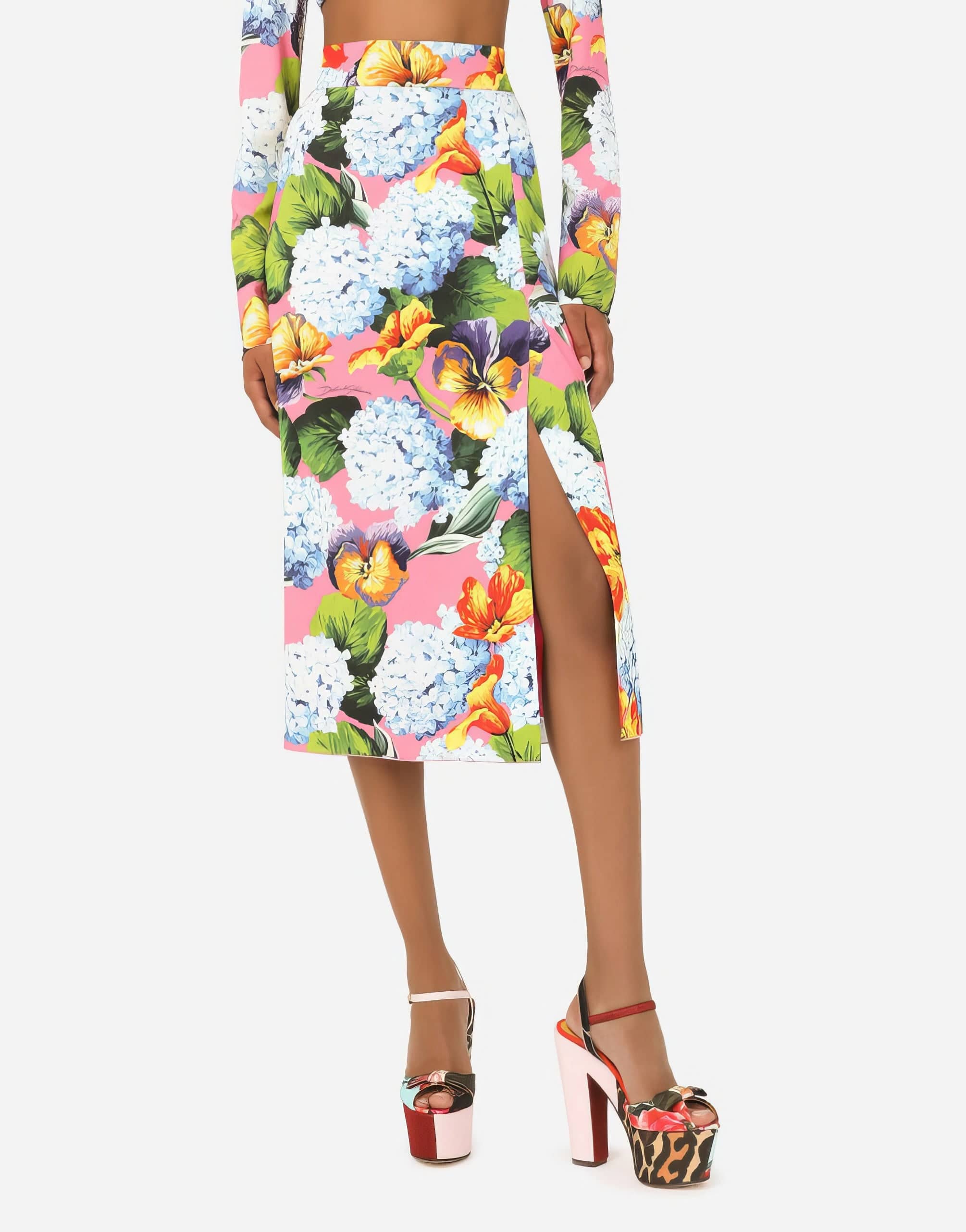 Dolce & Gabbana Hydrangea-Print Cady Pencil Skirt