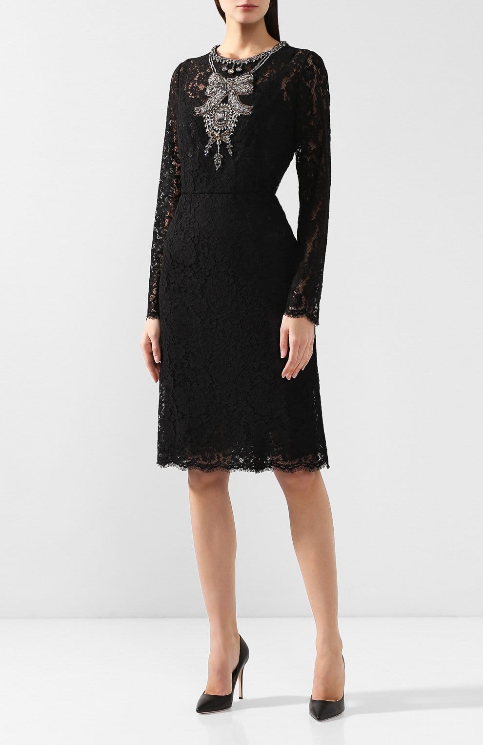 Dolce & Gabbana Lace Dress with Crystal Bow Embellishment