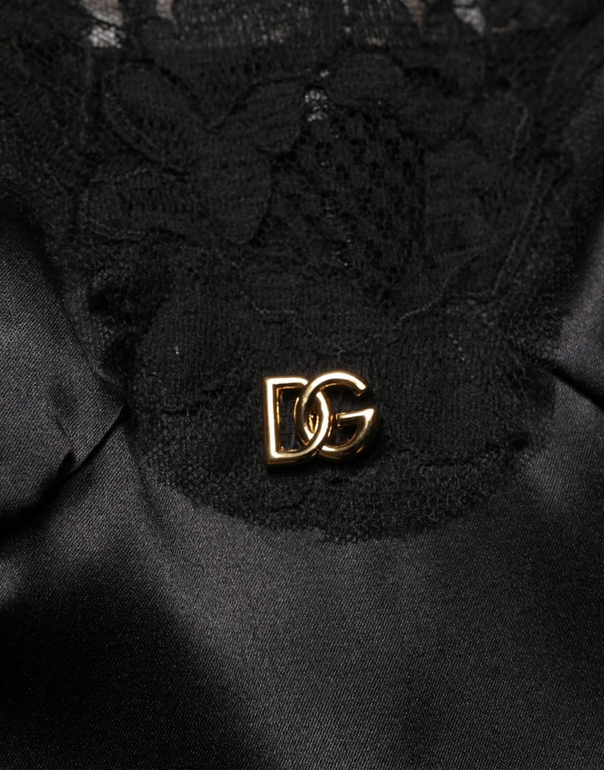 Lace Trim Satin Slip Dress Black with DG Logo Plaque - alternate view
