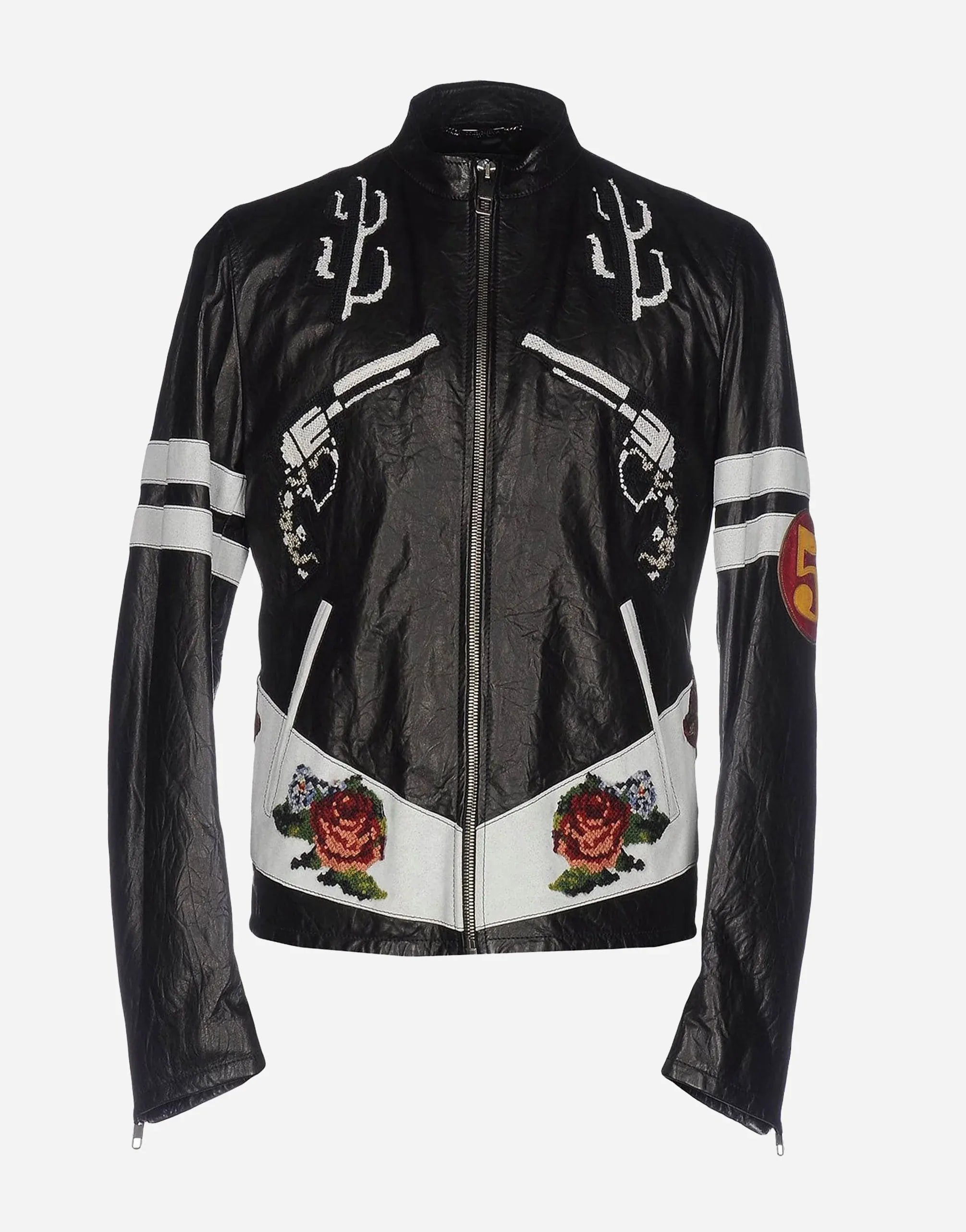 Dolce & Gabbana Leather Revolver & Rose Embroidered Biker Jacket
