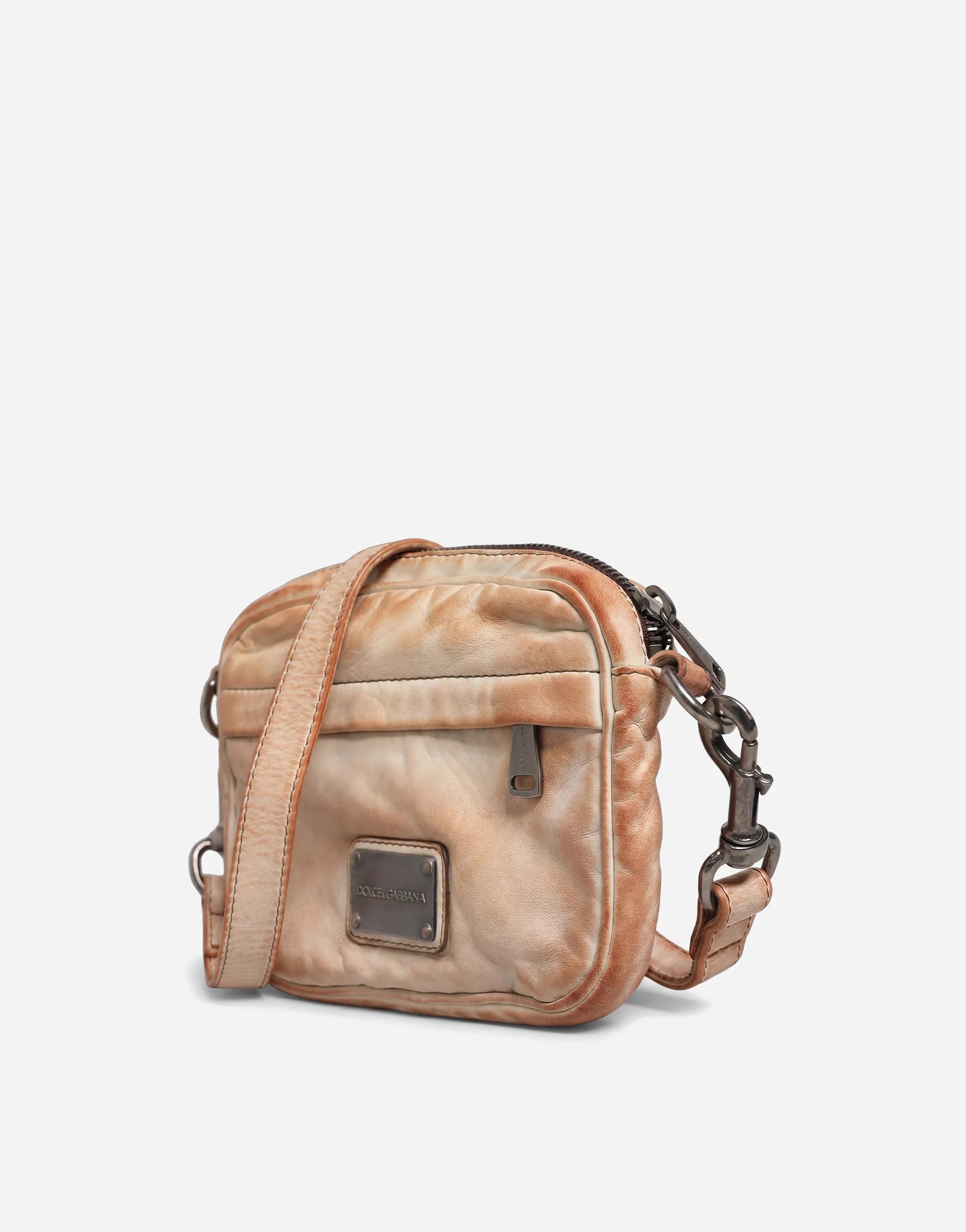 Dolce & Gabbana Logo Plaque Distressed Leather Crossbody Bag