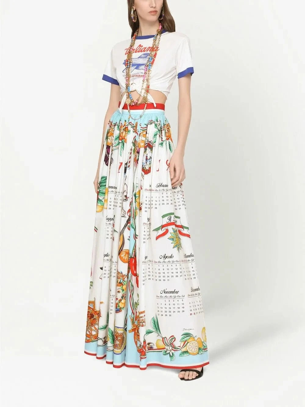 Dolce & Gabbana Long Calendar-Print Poplin Skirt