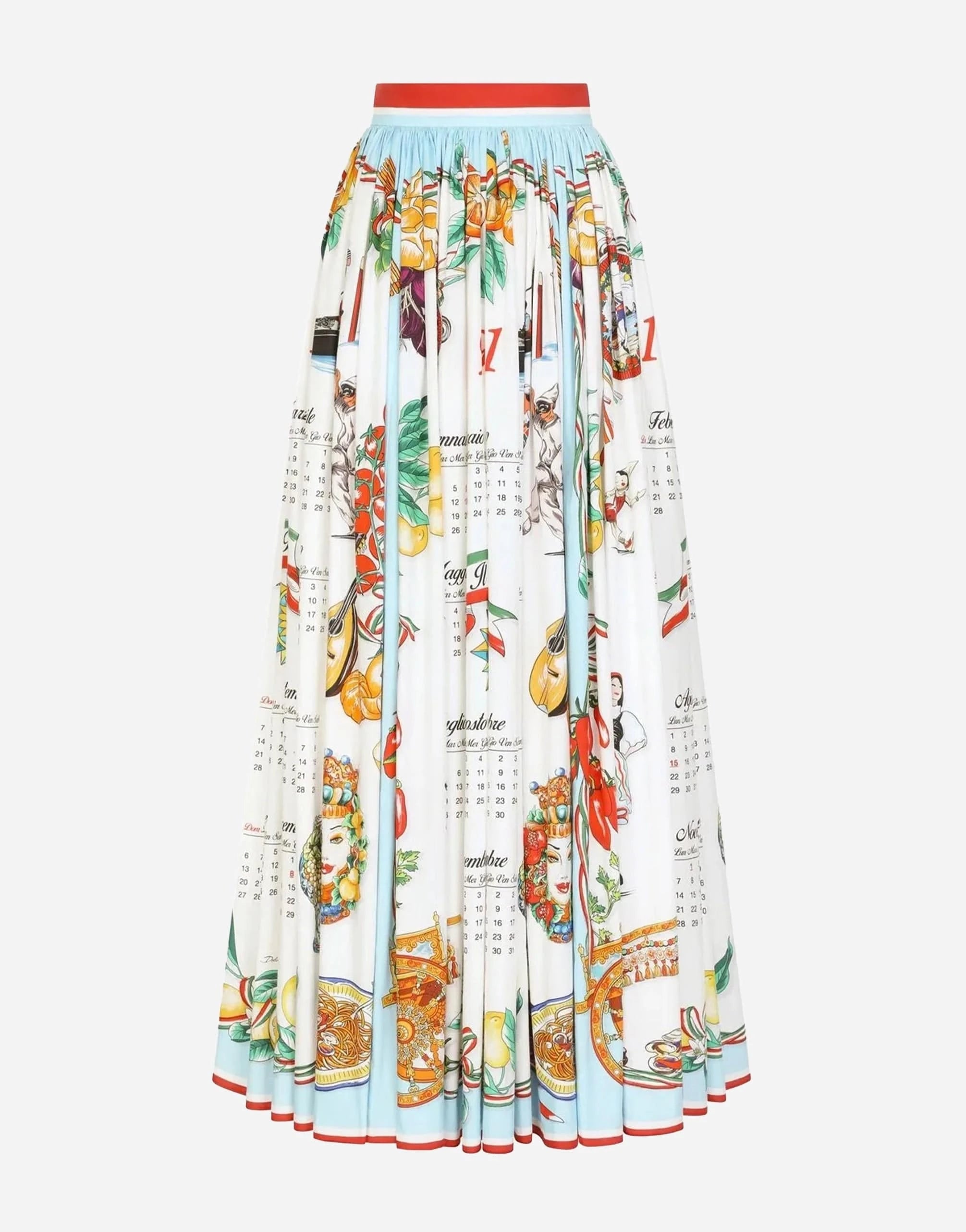 Dolce & Gabbana Long Calendar-Print Poplin Skirt