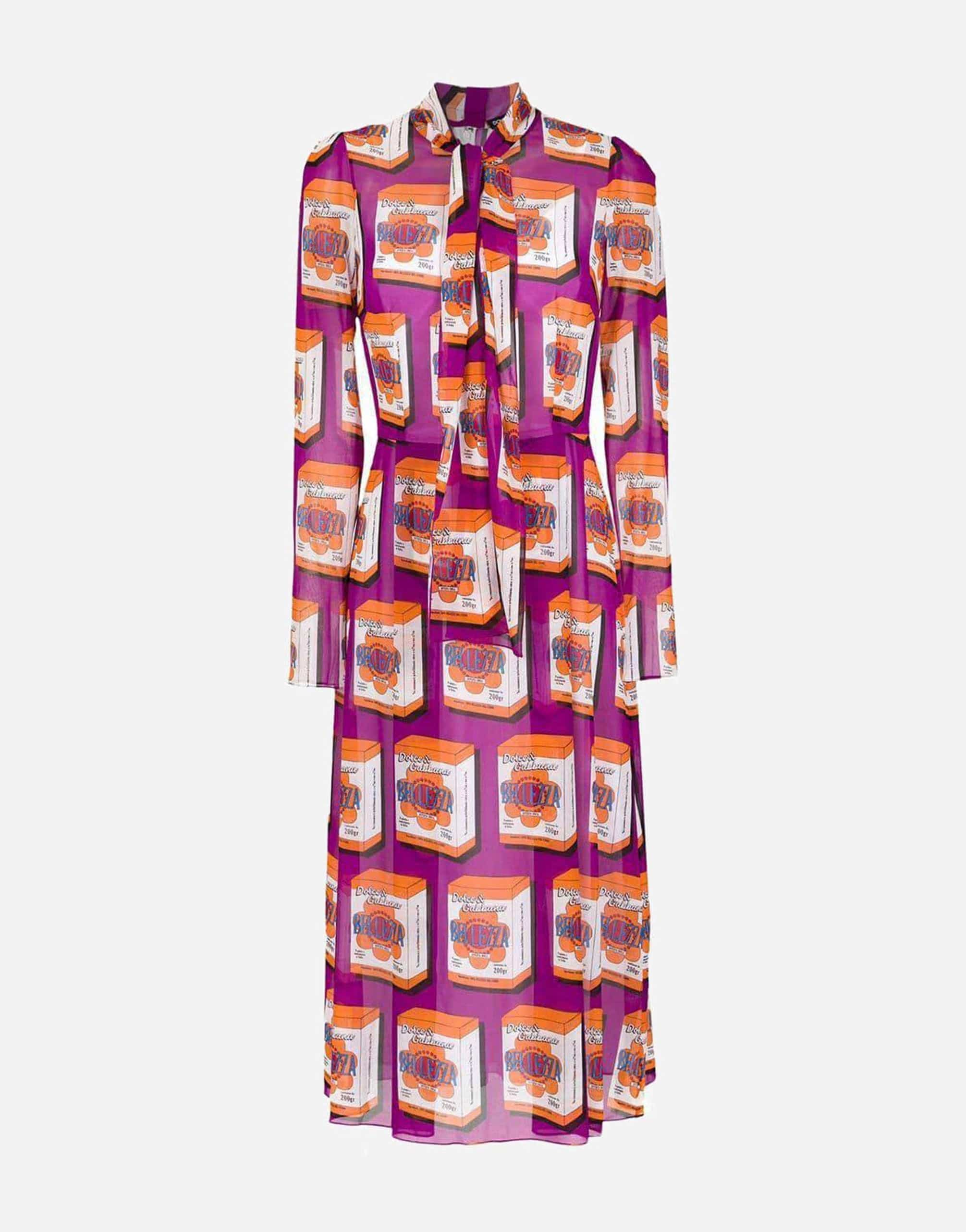 Dolce & Gabbana Long-sleeve Print With Necktie Midi Dress