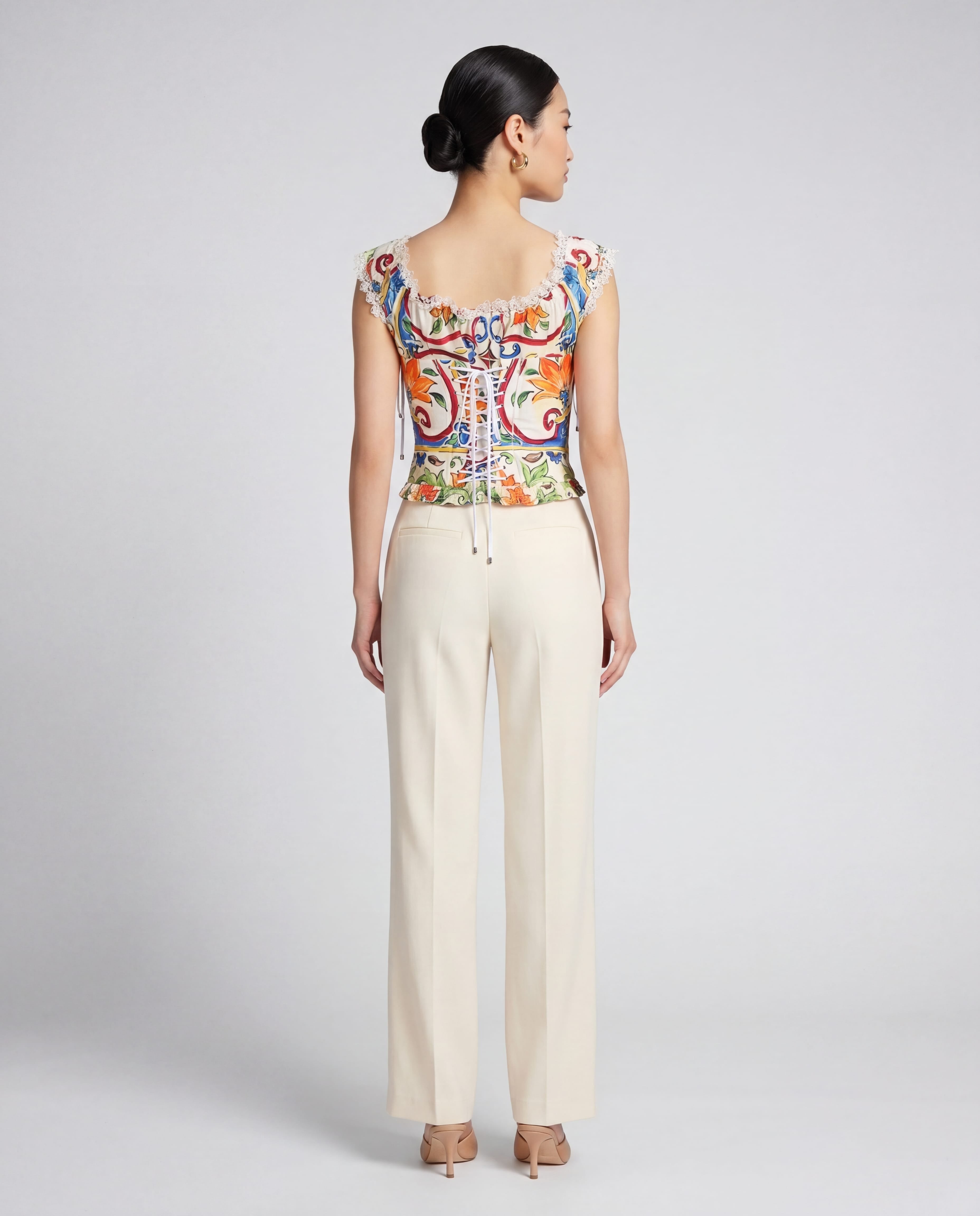 Dolce & Gabbana Majolica Print Lace-Up Corset Top