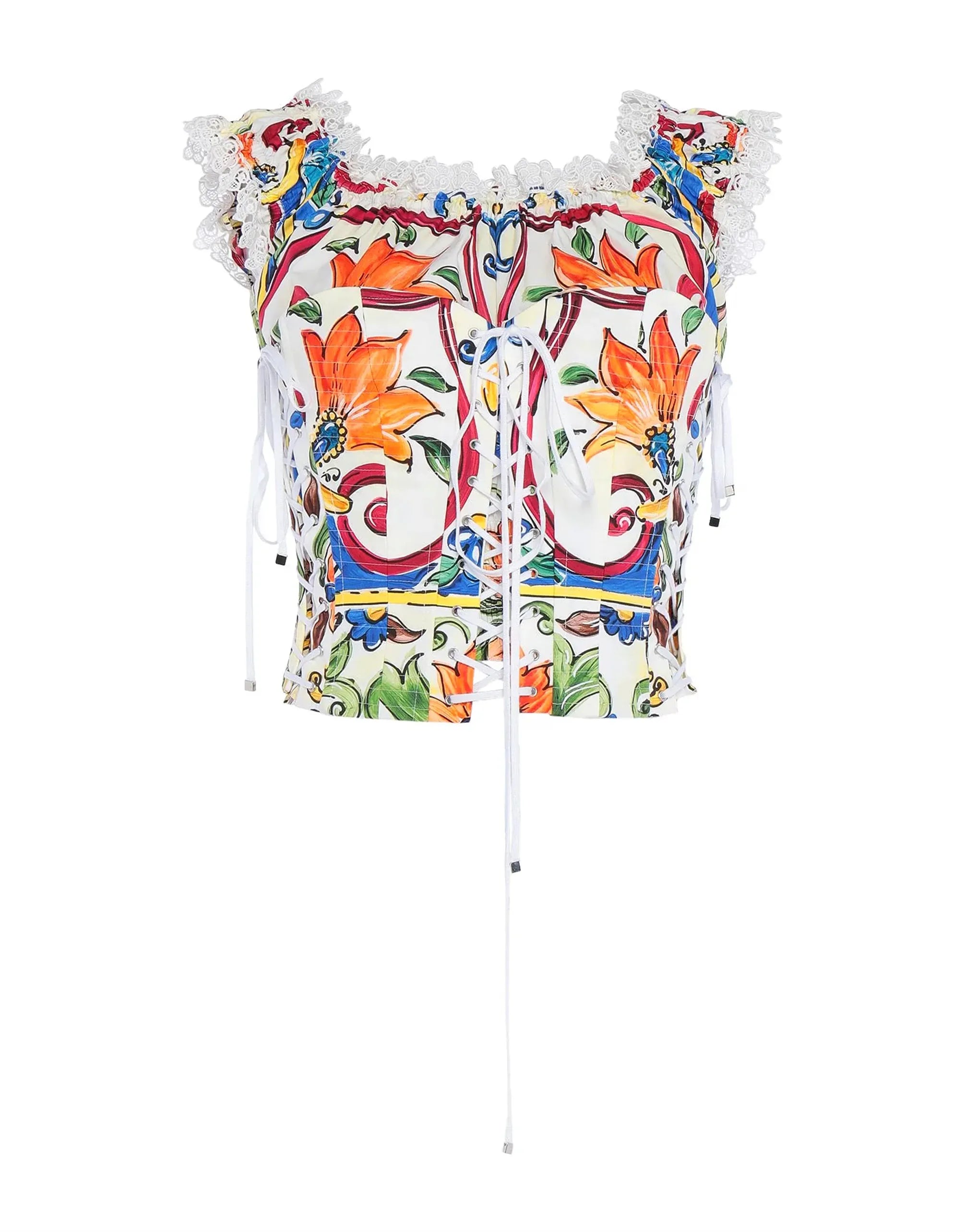 Dolce & Gabbana Majolica Print Lace-Up Corset Top