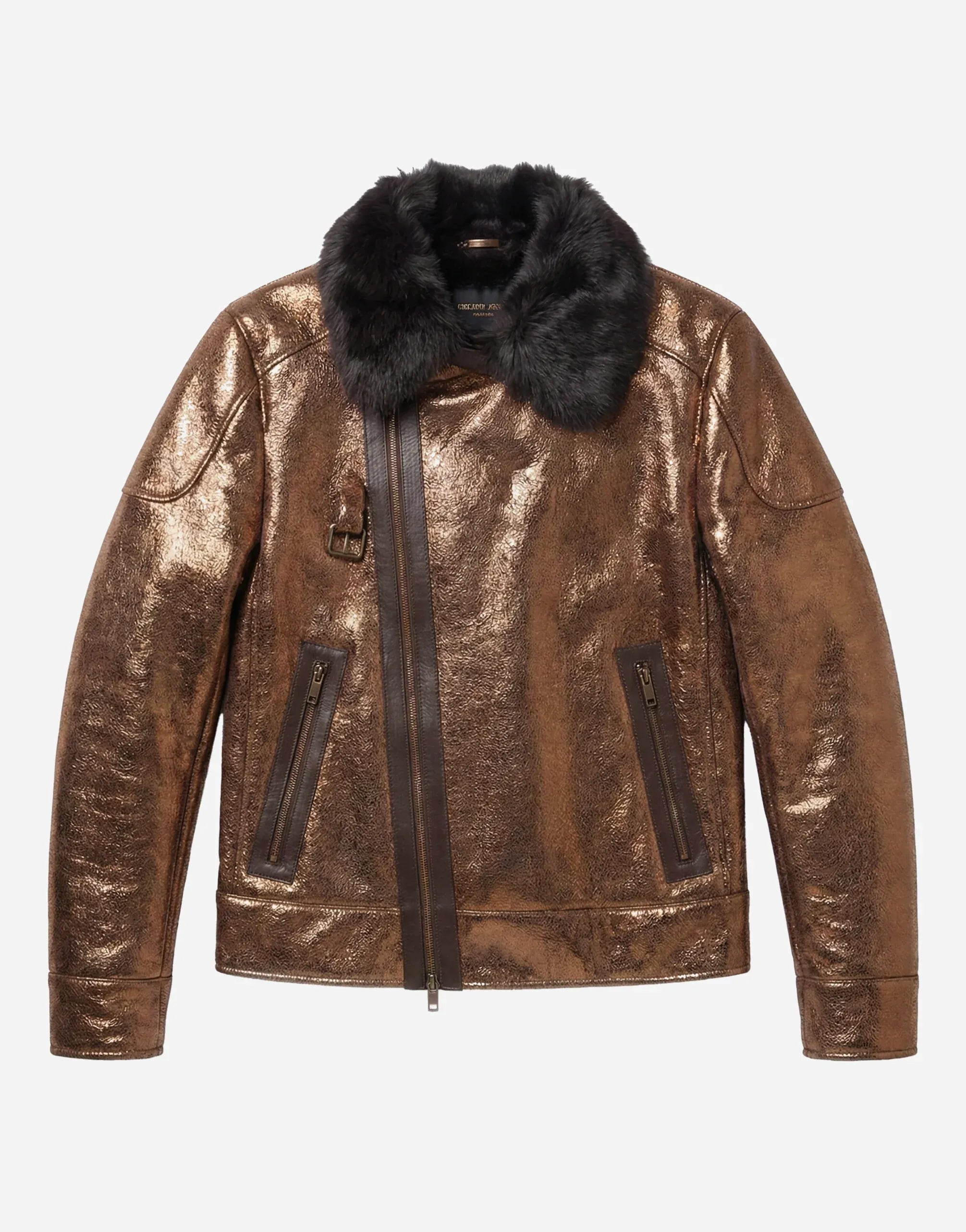 Dolce & Gabbana Metallic Bronze Crackled Leather Biker Jacket