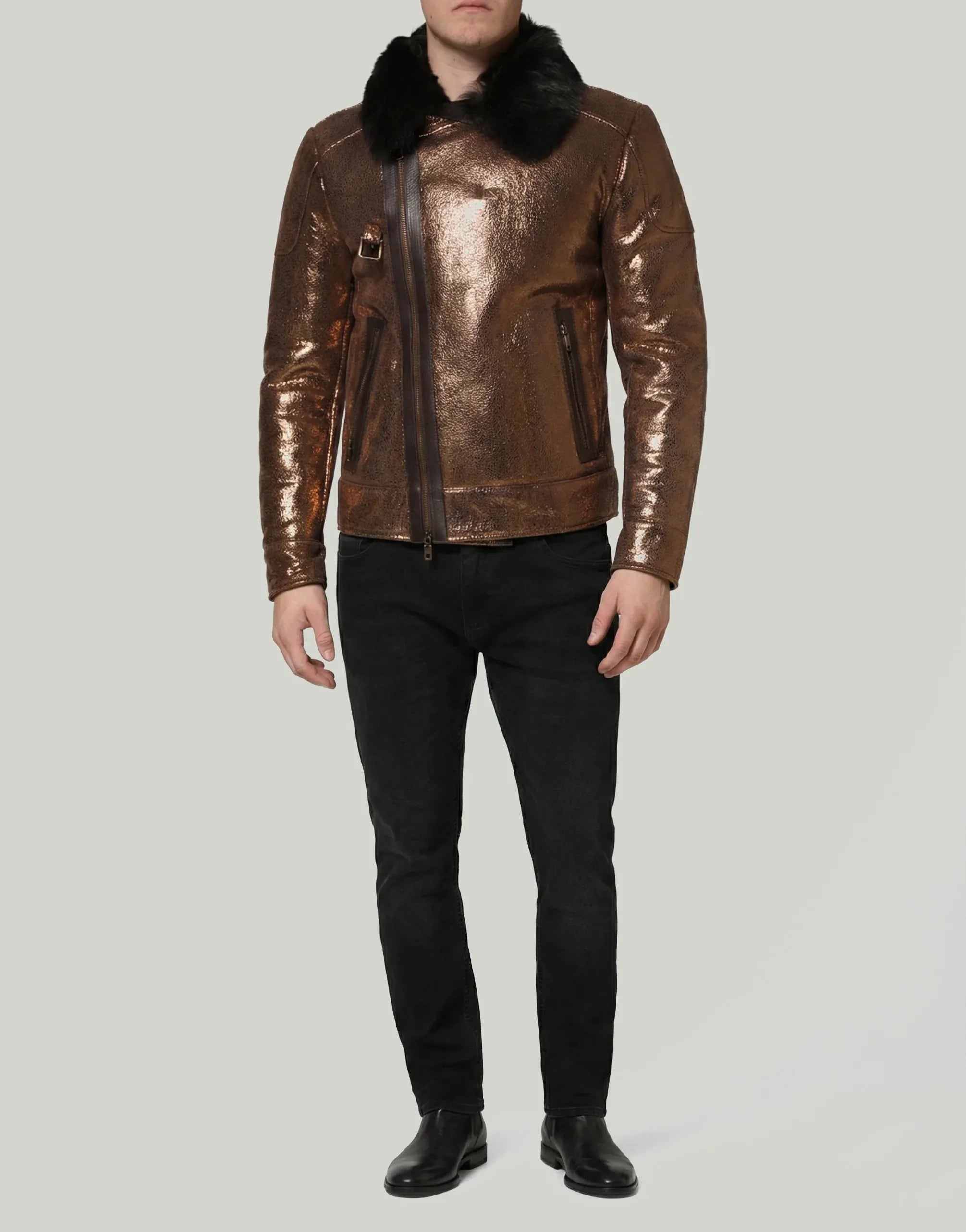 Dolce & Gabbana Metallic Bronze Crackled Leather Biker Jacket