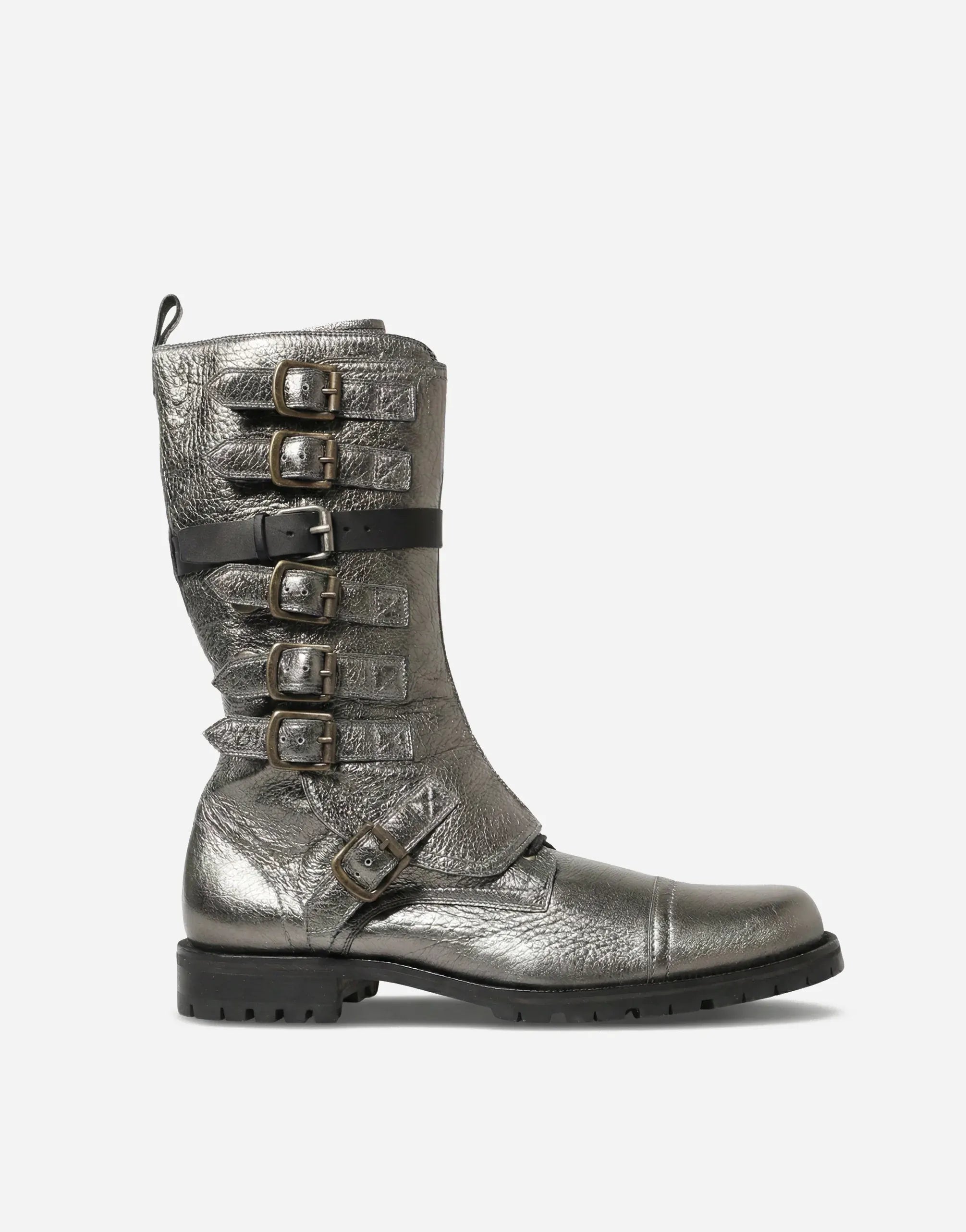 Dolce & Gabbana Metallic Silver Multi-Buckle Leather Combat Boots