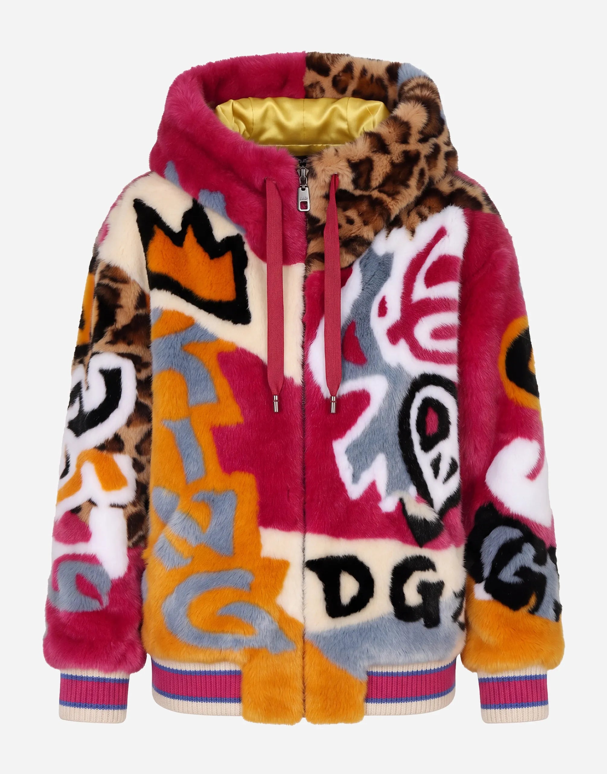 Dolce & Gabbana Multicolor Faux Fur Hoodie Jacket with Graphic Motif