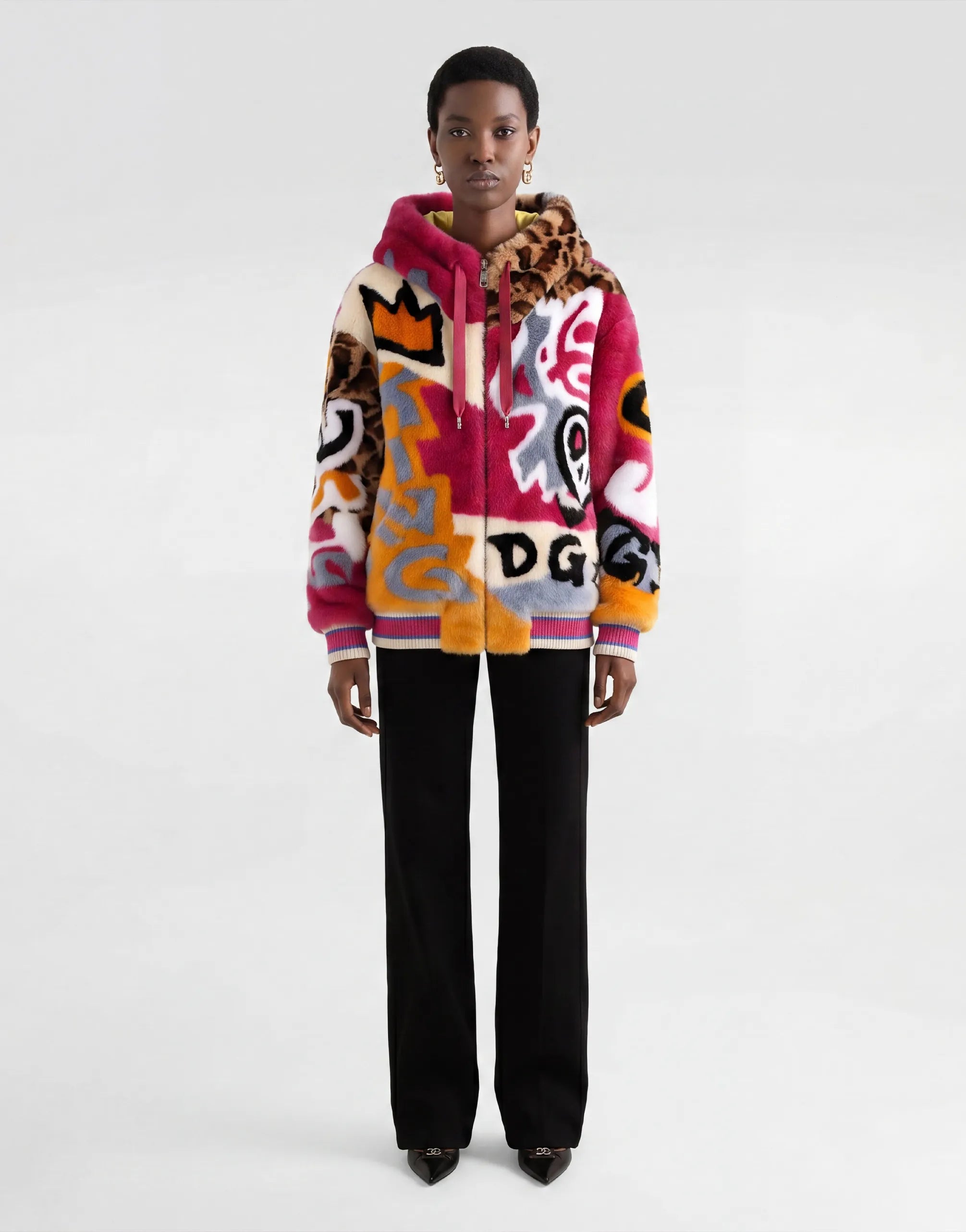 Dolce & Gabbana Multicolor Faux Fur Hoodie Jacket with Graphic Motif