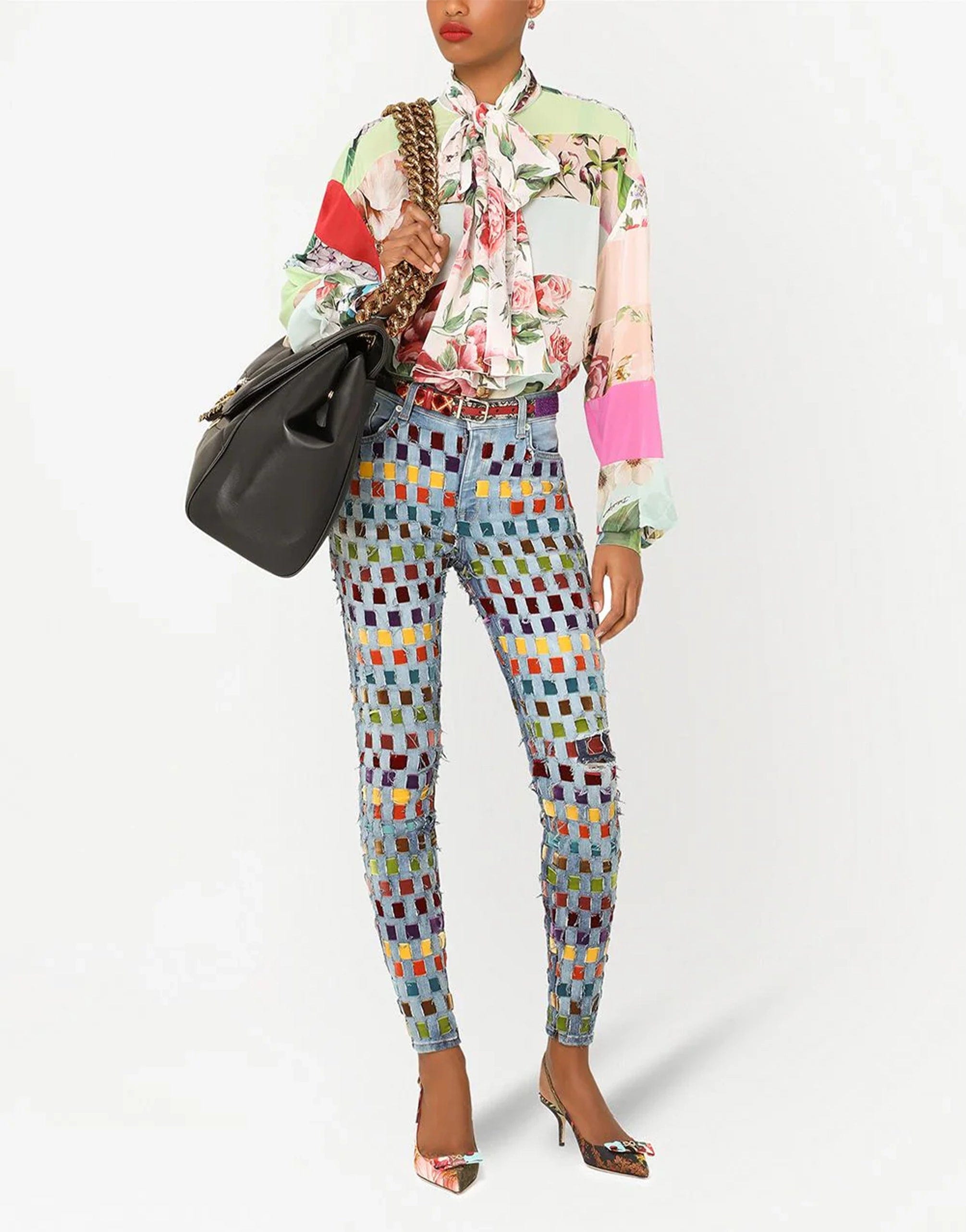 Dolce & Gabbana Multicolor Pussy-Bow Floral Shirt