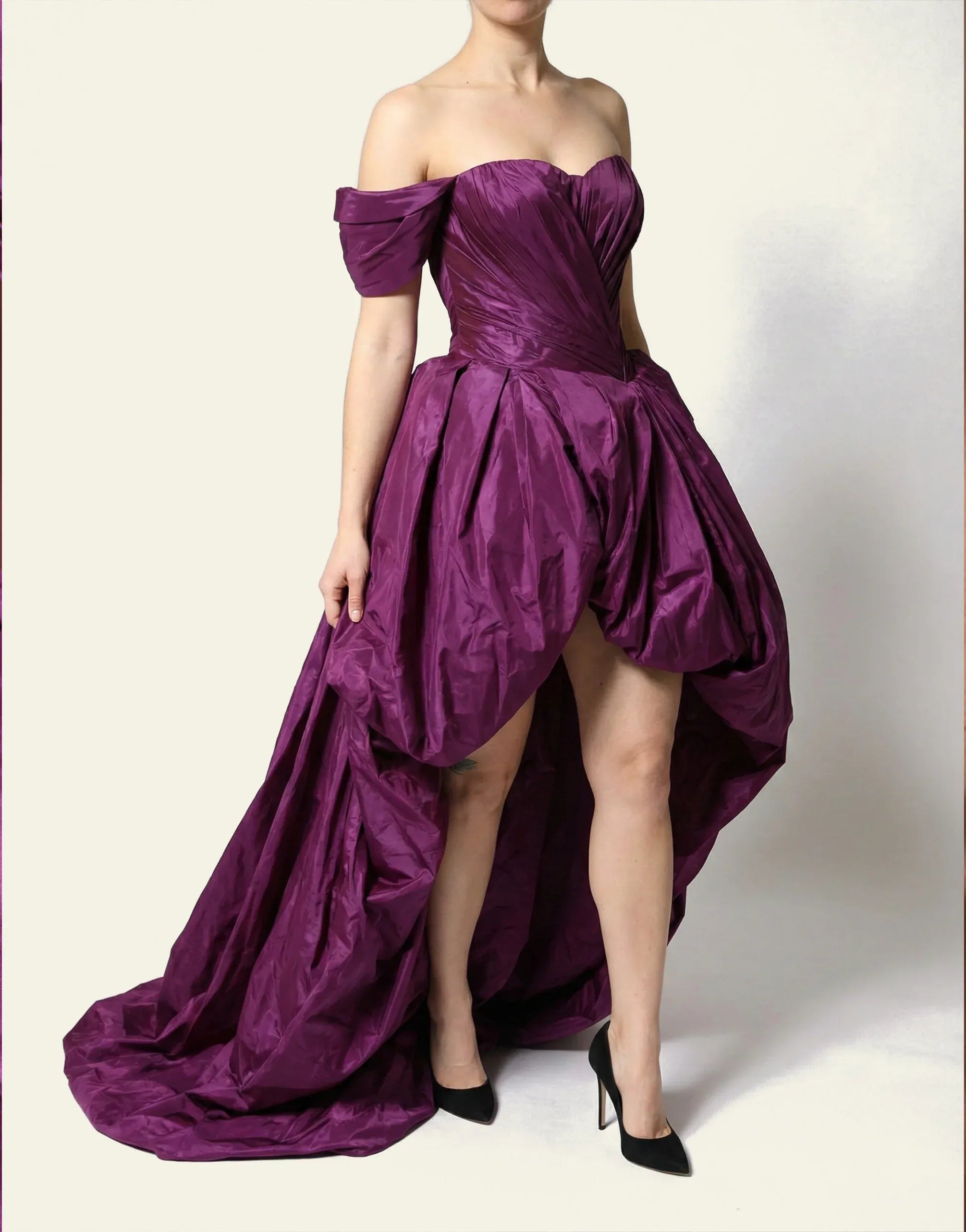 Dolce & Gabbana Off-Shoulder Silk Taffeta High-Low Ball Gown