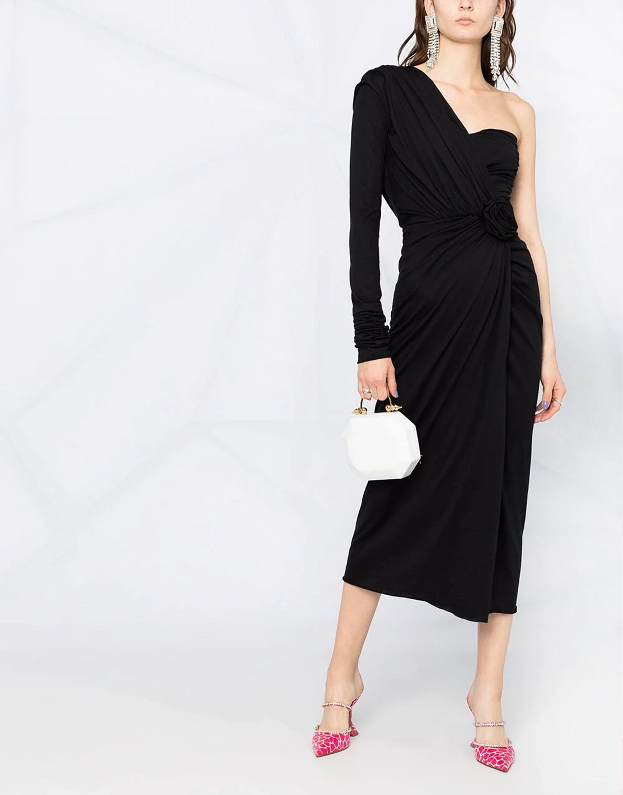 Dolce & Gabbana One Shoulder Draped Midi Dress