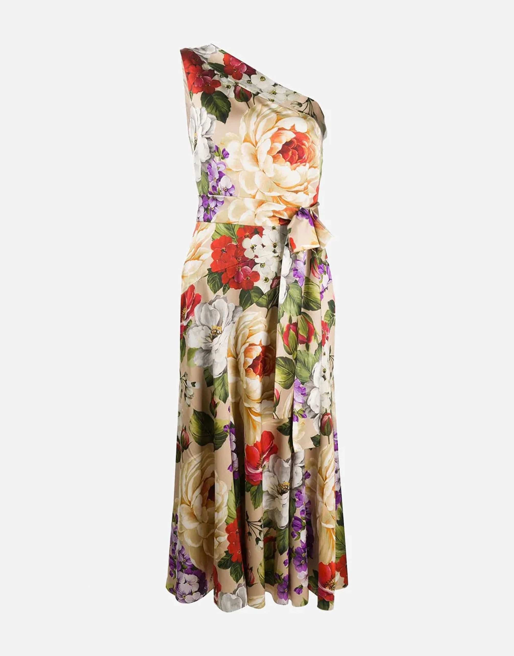 Dolce & Gabbana One-Shoulder Floral Print Midi Dress