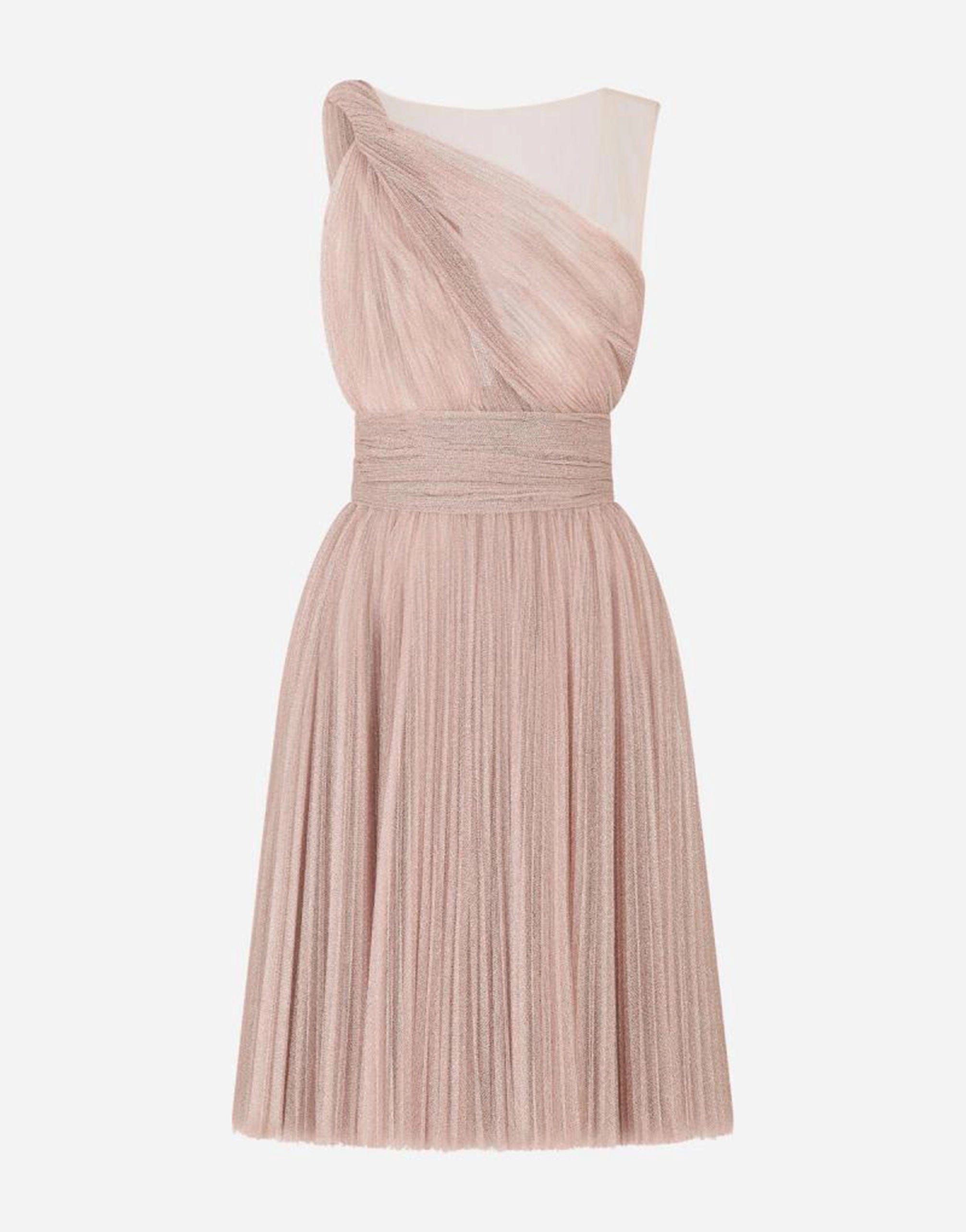 One-shoulder Midi Dress In Pleated Lamé Tulle