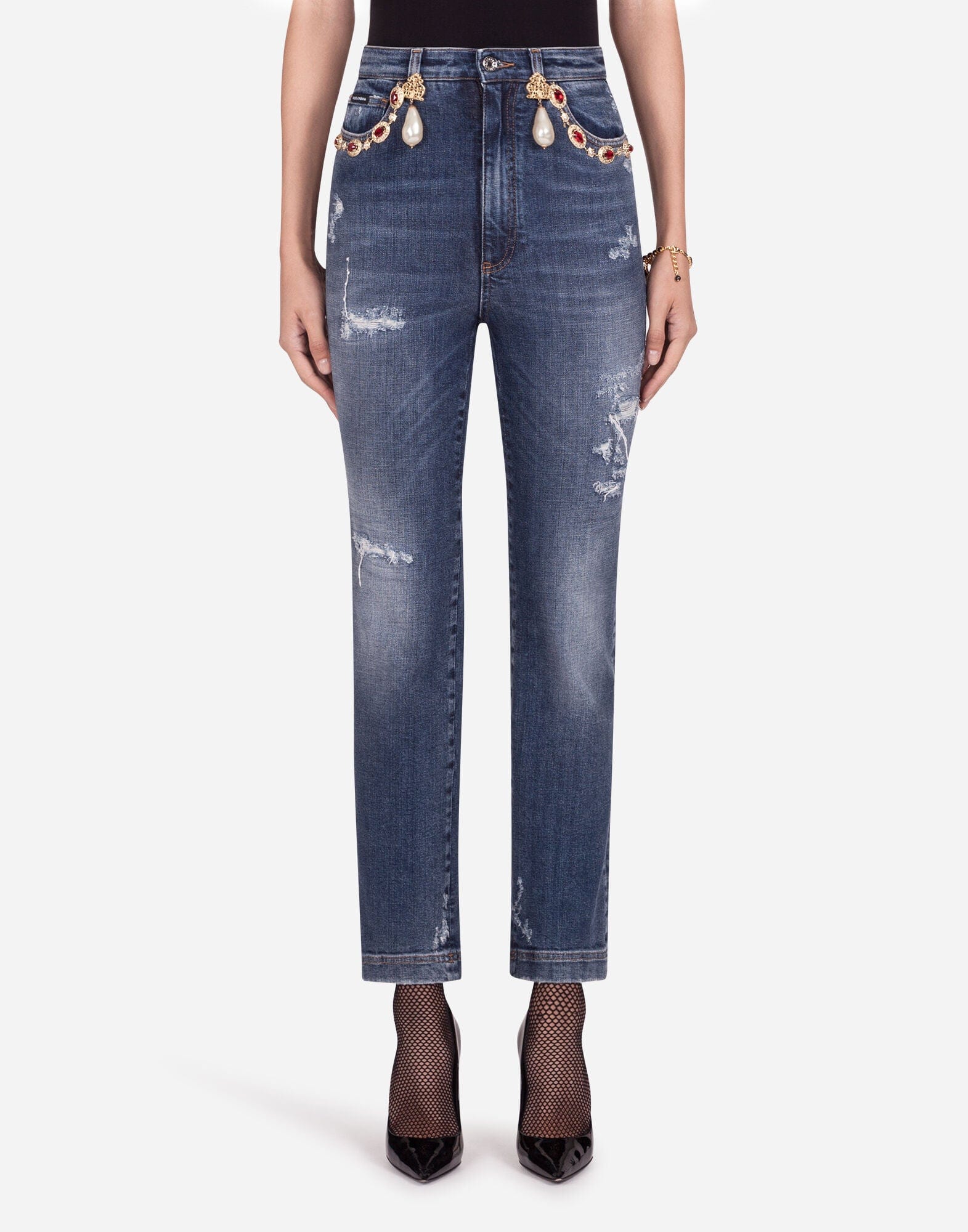 Dolce & Gabbana Pearl-Embellished High-Waisted Jeans