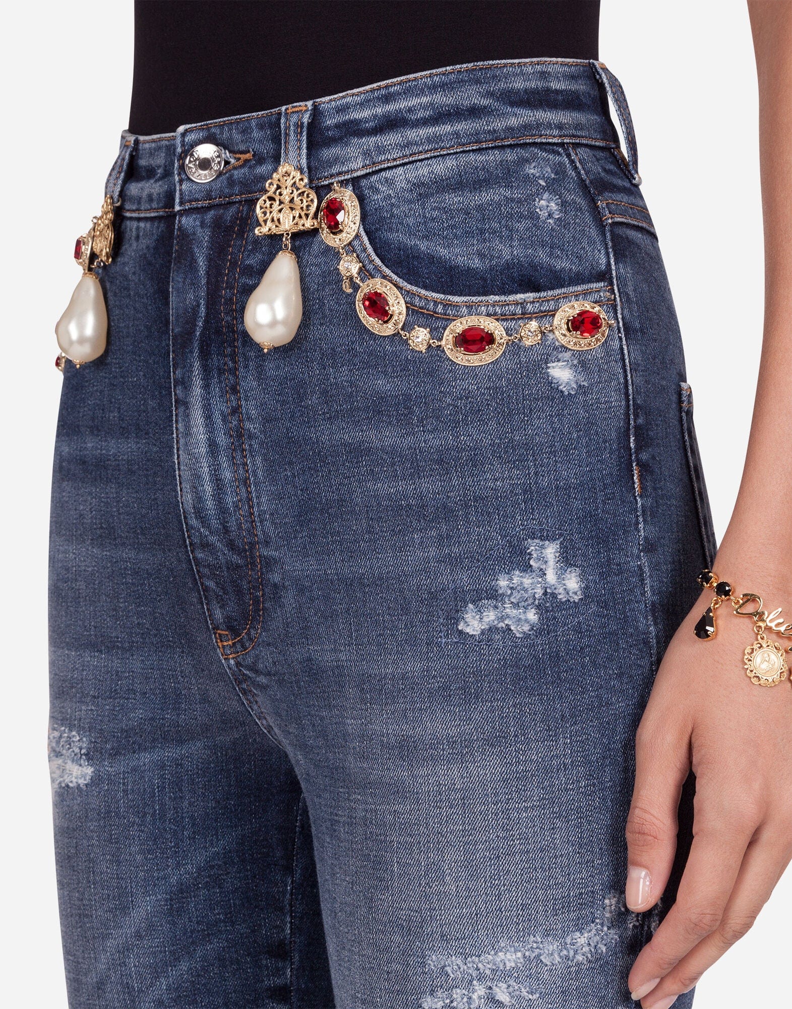 Dolce & Gabbana Pearl-Embellished High-Waisted Jeans