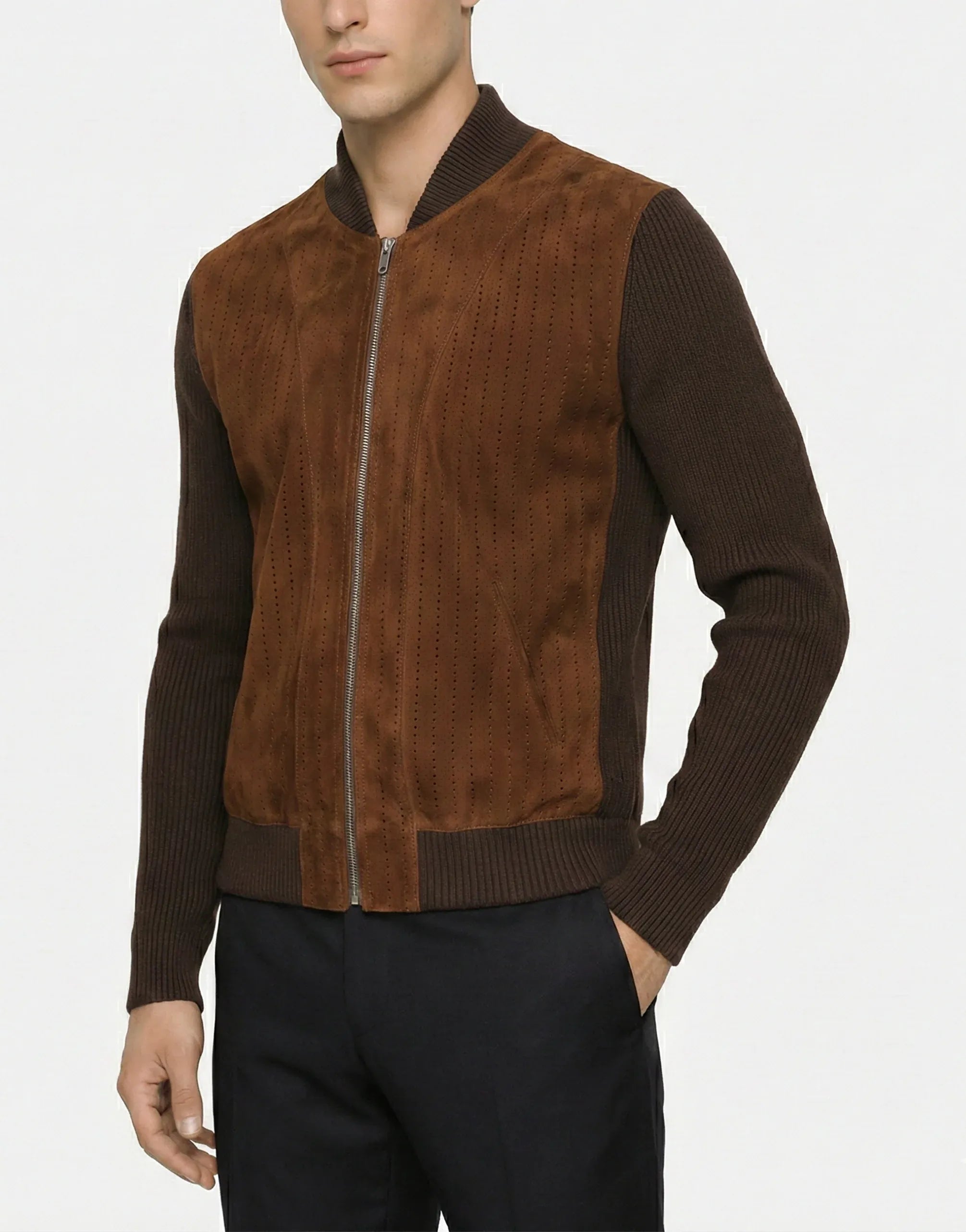 Dolce & Gabbana Perforated Velvet Ribbed Knit Bomber Jacket