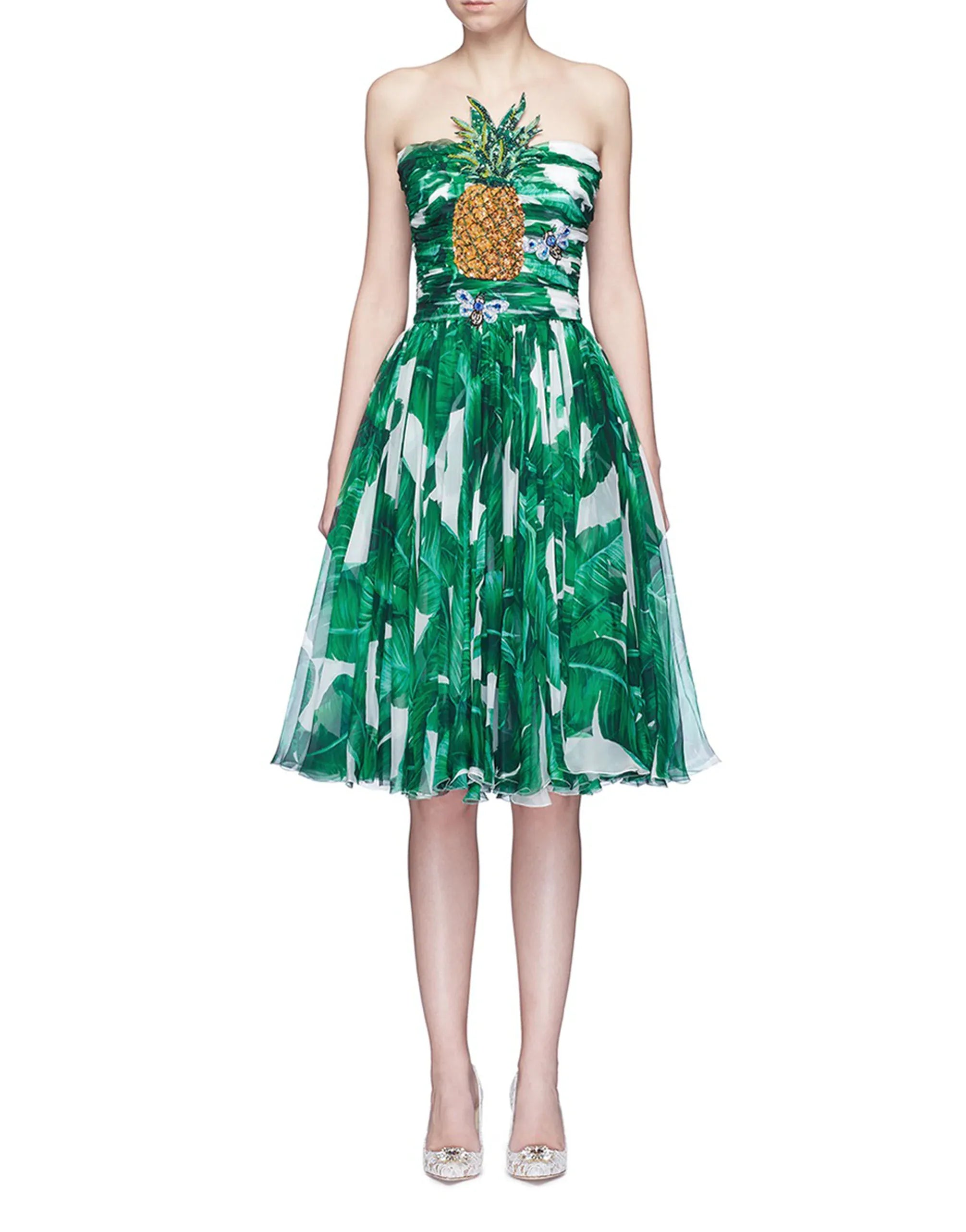 Dolce & Gabbana Pineapple Embellished Banana Leaf-Print Strapless Dress