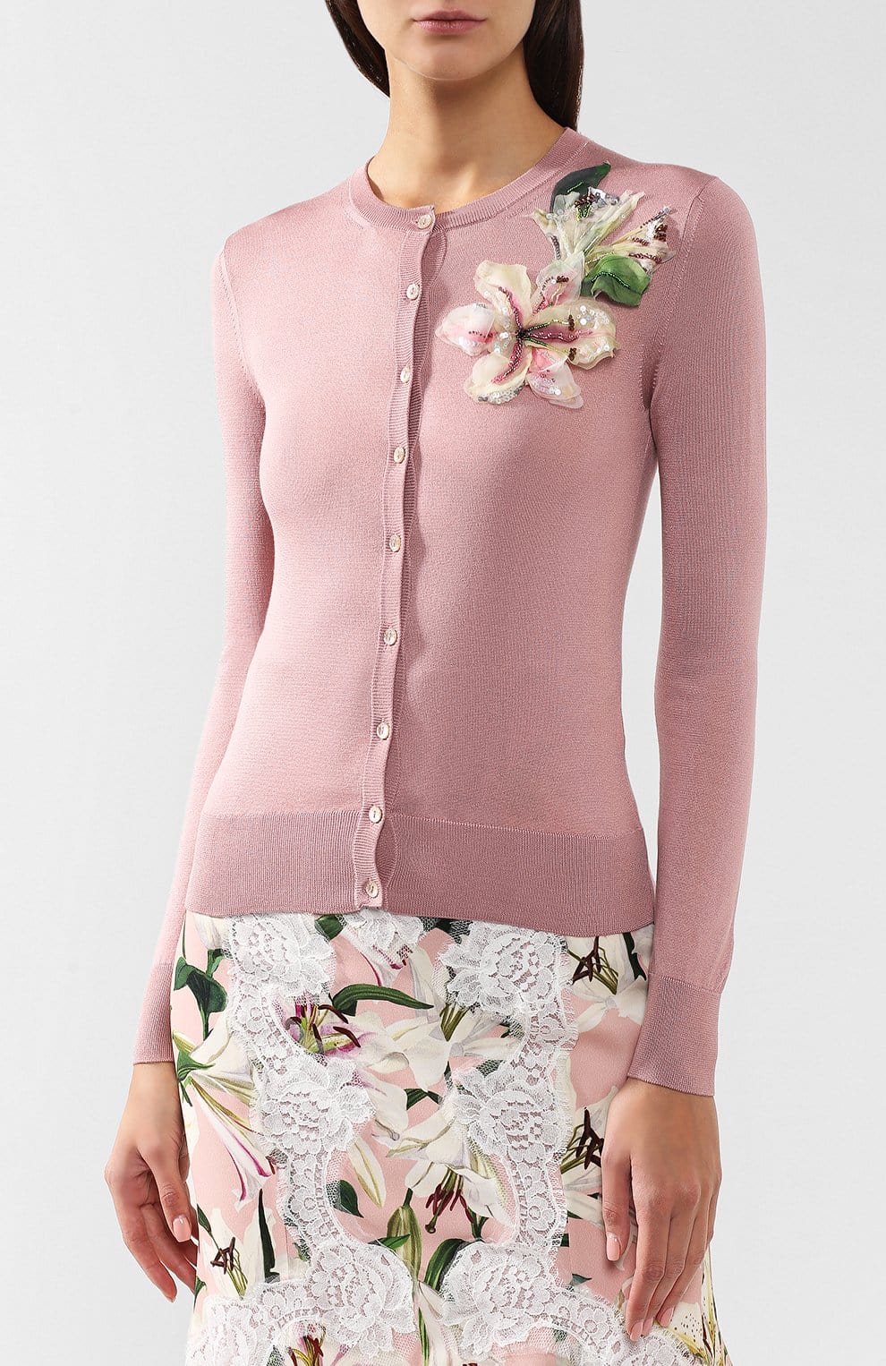Dolce & Gabbana Pink Floral-Appliqué Silk Cardigan