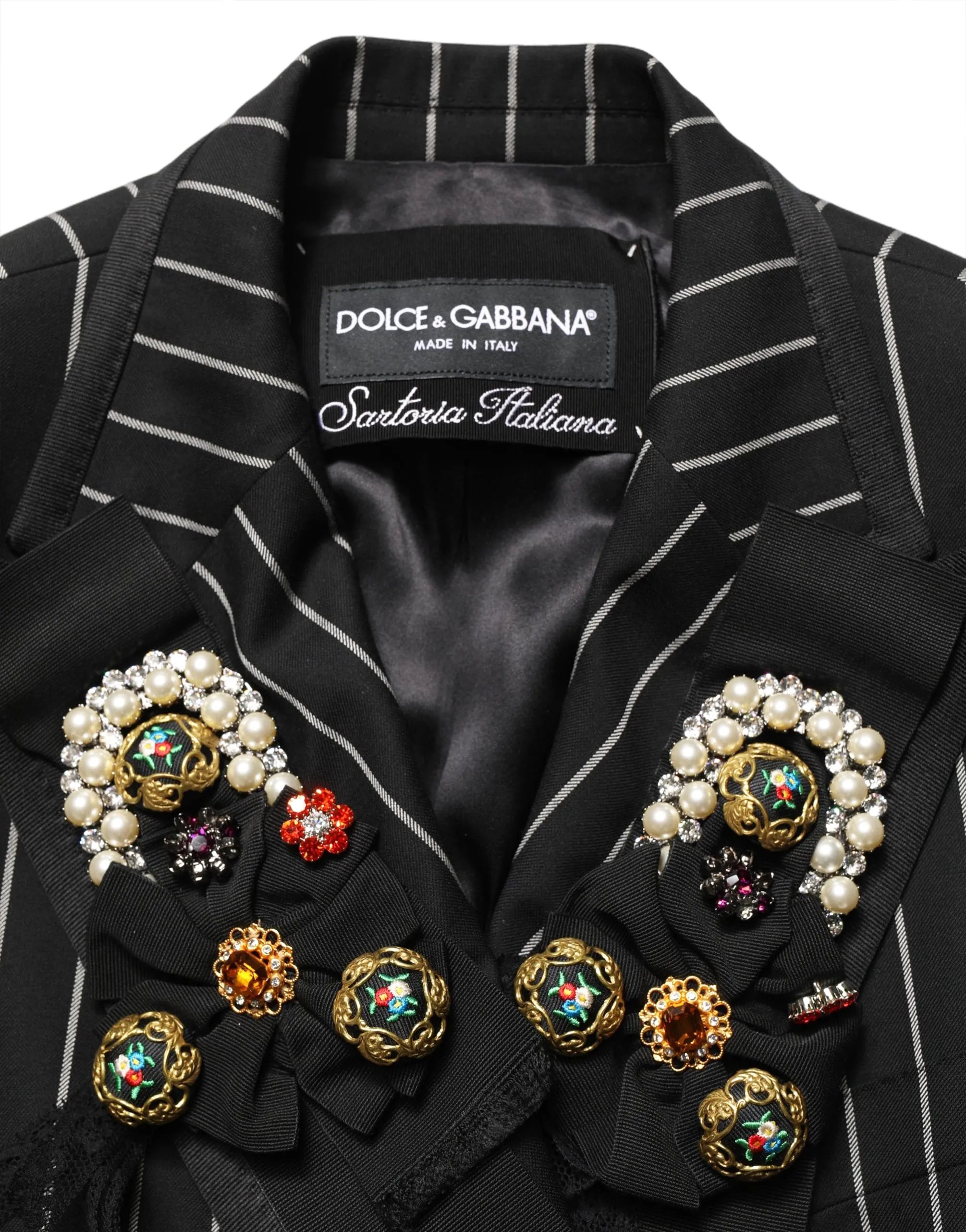 Dolce & Gabbana Pinstripe Blazer with Jewel & Bow Embellishments