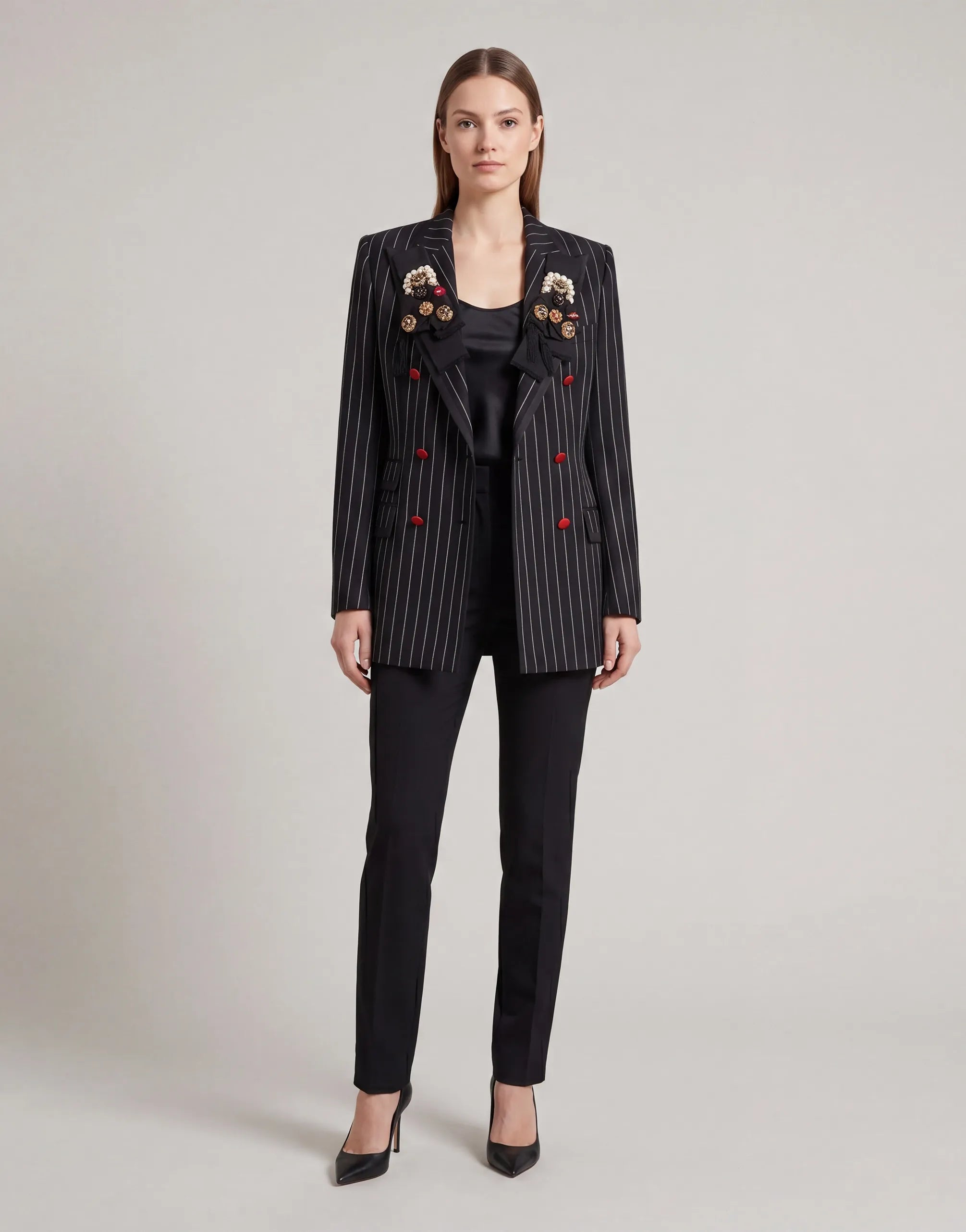 Dolce & Gabbana Pinstripe Blazer with Jewel & Bow Embellishments