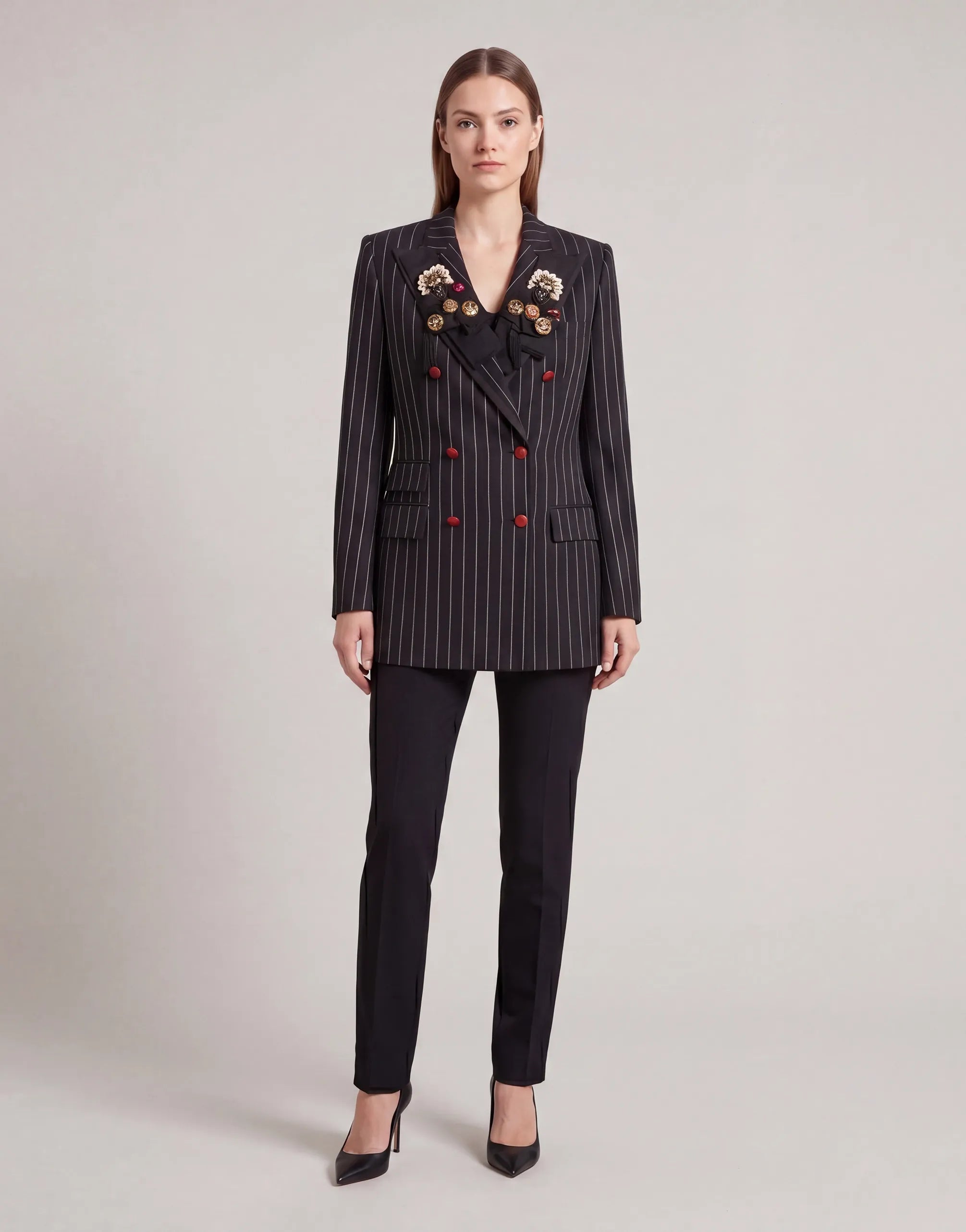 Blazer Risca-de-Giz com Aplicações de Joia e Laço - alternate view