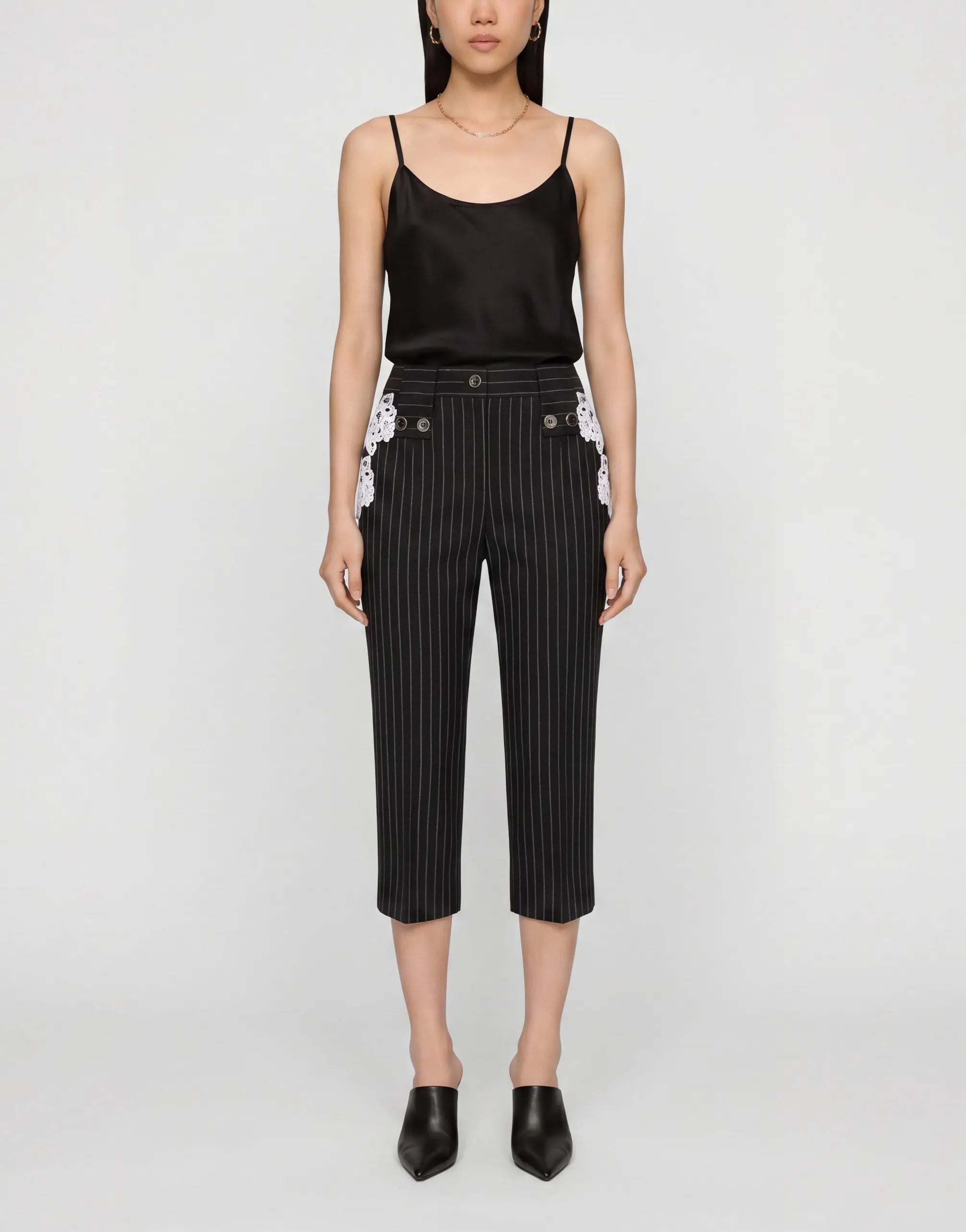 Pinstripe Lace Detail Cropped Trousers - alternate view