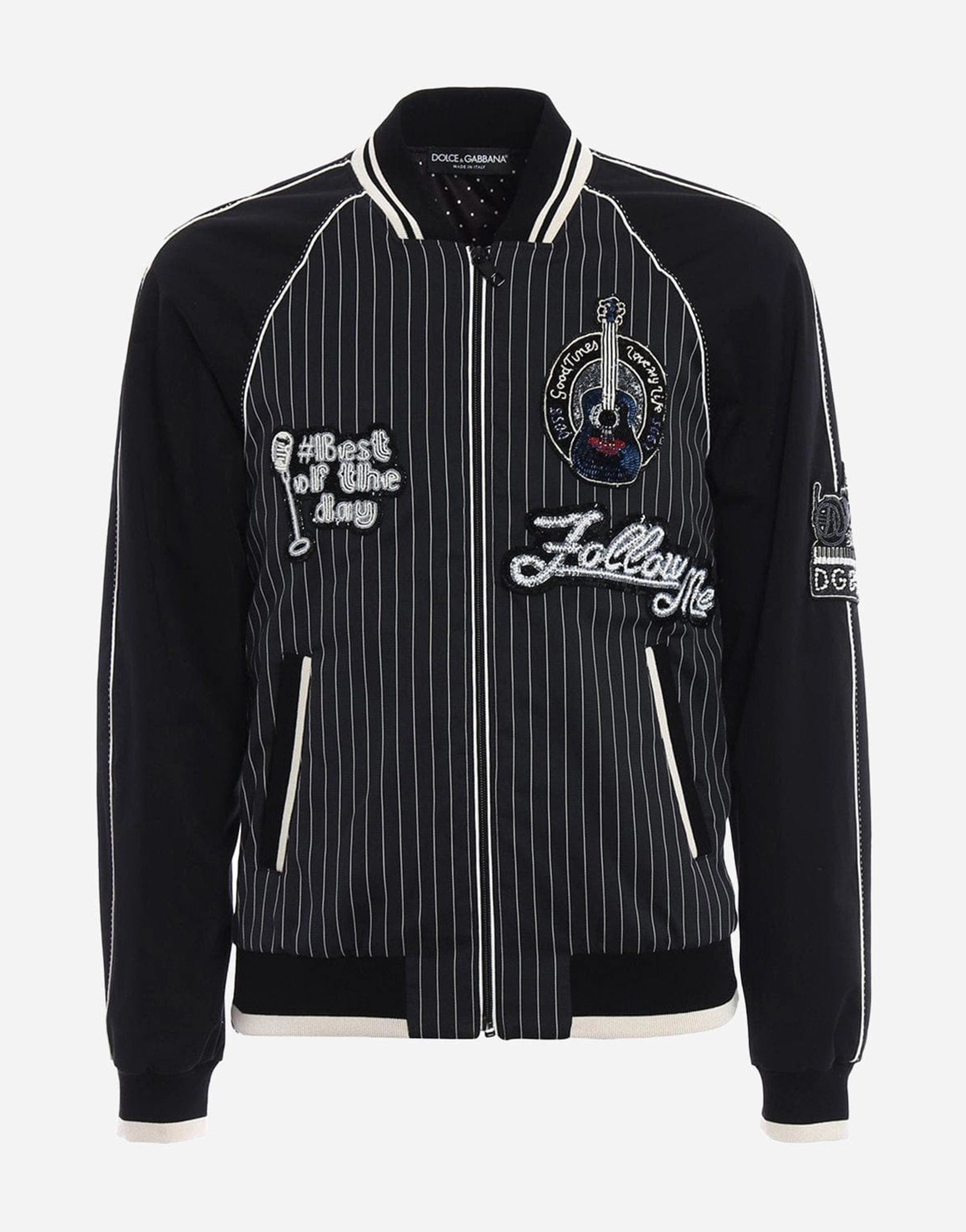Dolce & Gabbana Pinstriped Musical Patches Bomber Jacket
