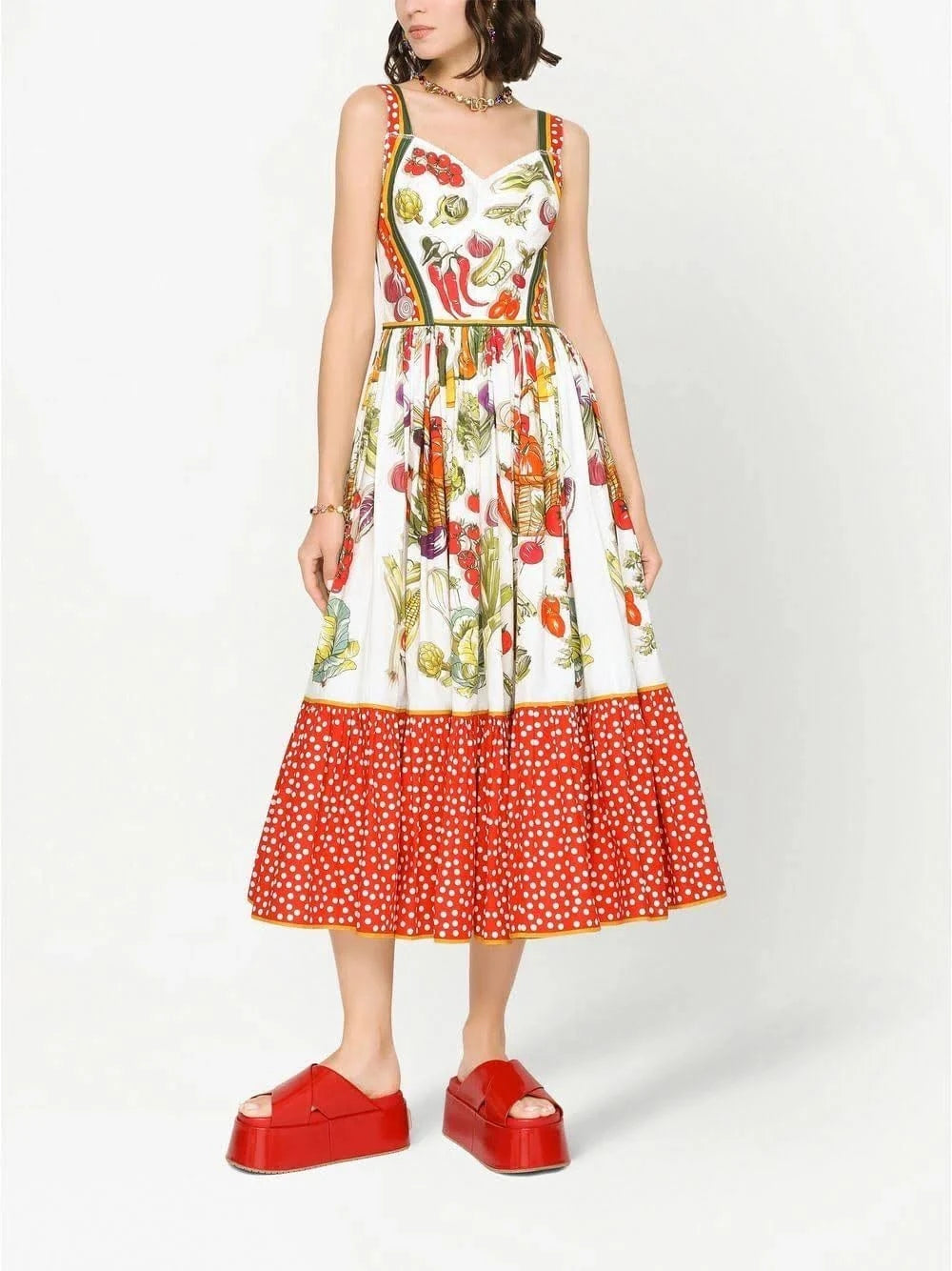 Dolce & Gabbana Pleated Vegetable-Print Cotton Dress