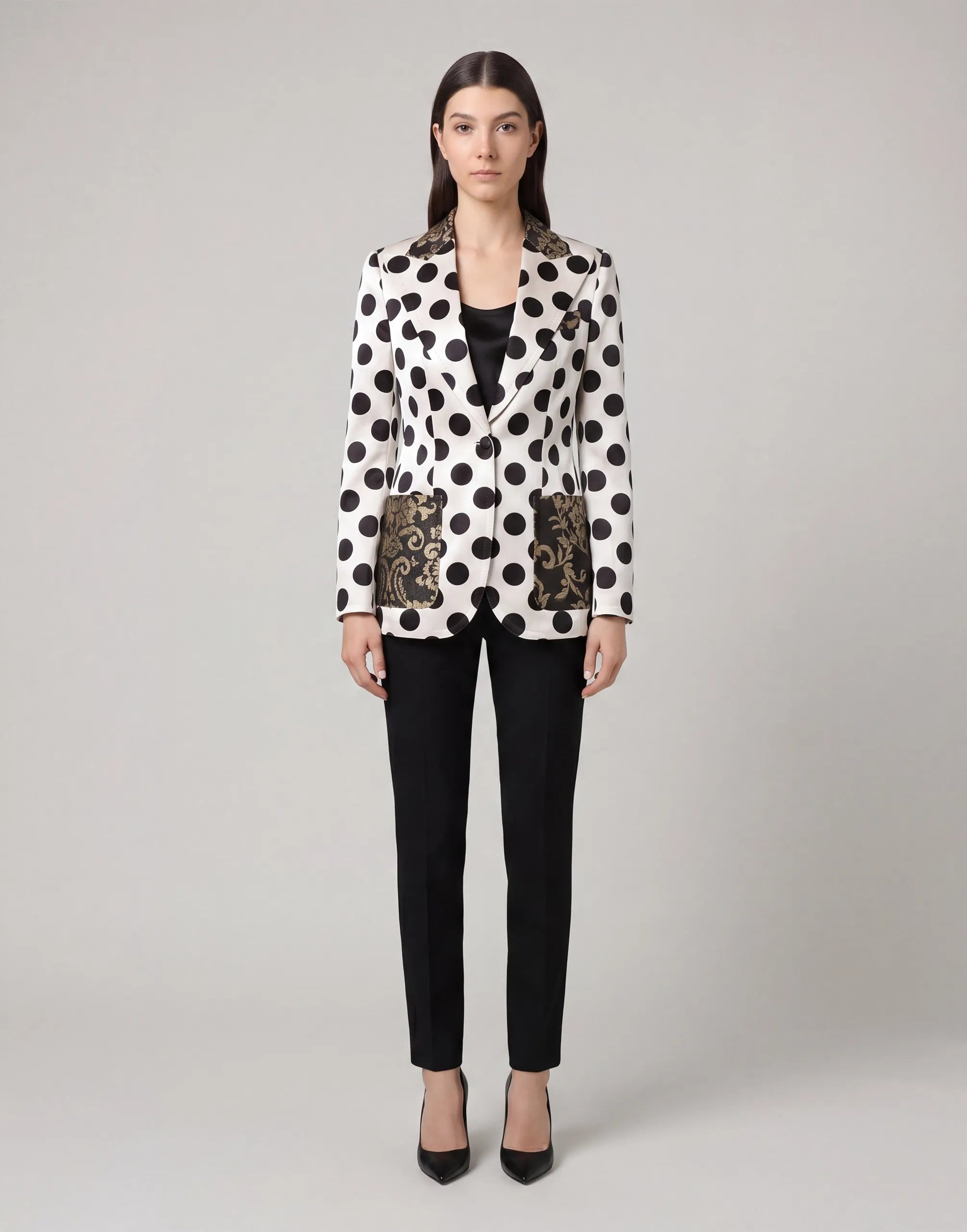Polka Dot Satin Blazer with Jacquard Trim - alternate view