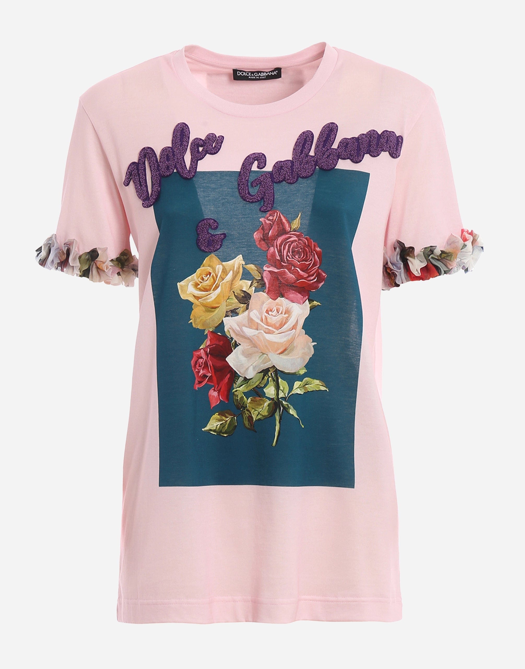 Dolce & Gabbana Printed Silk Ruffle Embroidered T-Shirt