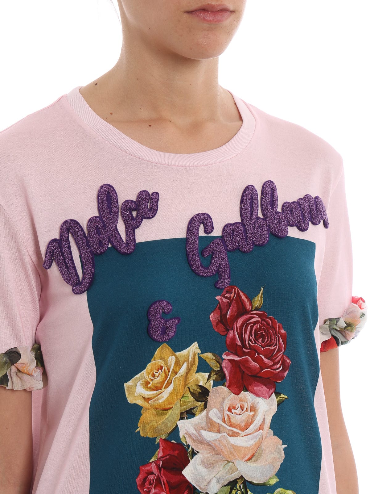 Dolce & Gabbana Printed Silk Ruffle Embroidered T-Shirt