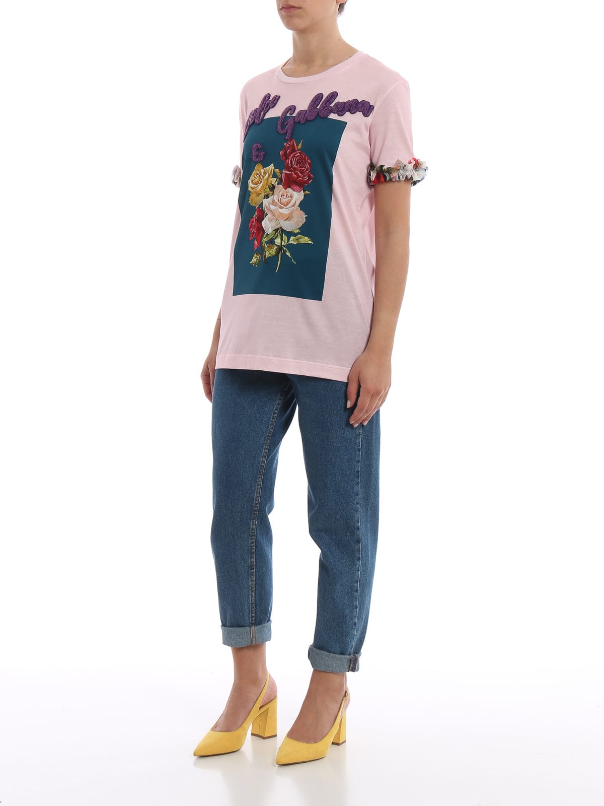 Dolce & Gabbana Printed Silk Ruffle Embroidered T-Shirt