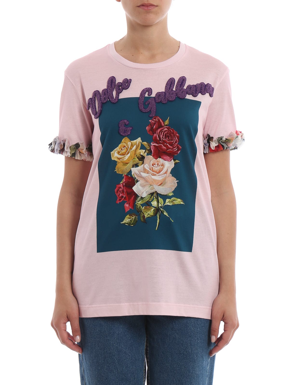 Dolce & Gabbana Printed Silk Ruffle Embroidered T-Shirt