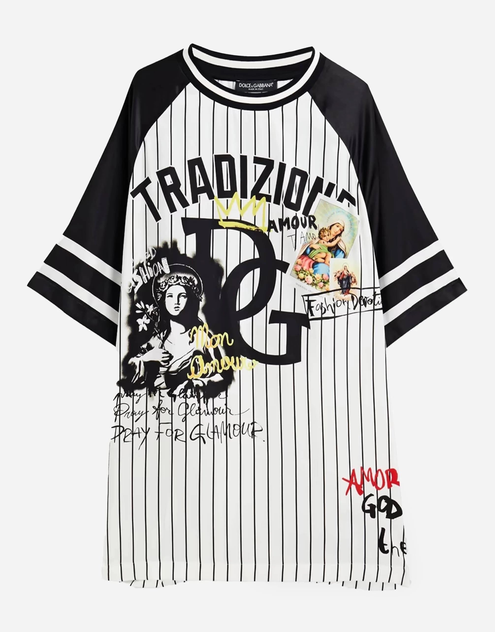 Dolce & Gabbana Printed Striped Satin Oversized T-Shirt